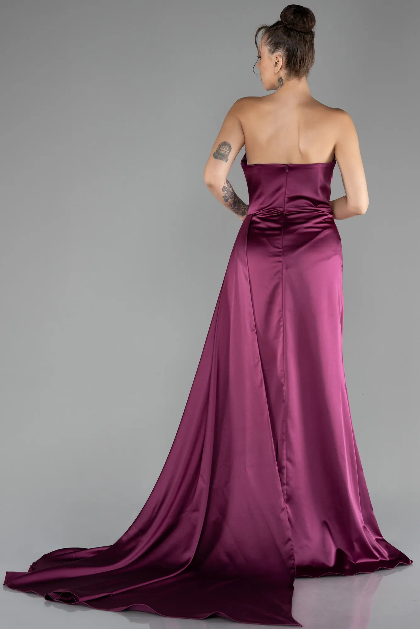 Fuchsia-Strapless Slit Long Satin Prom Gown ABU4093