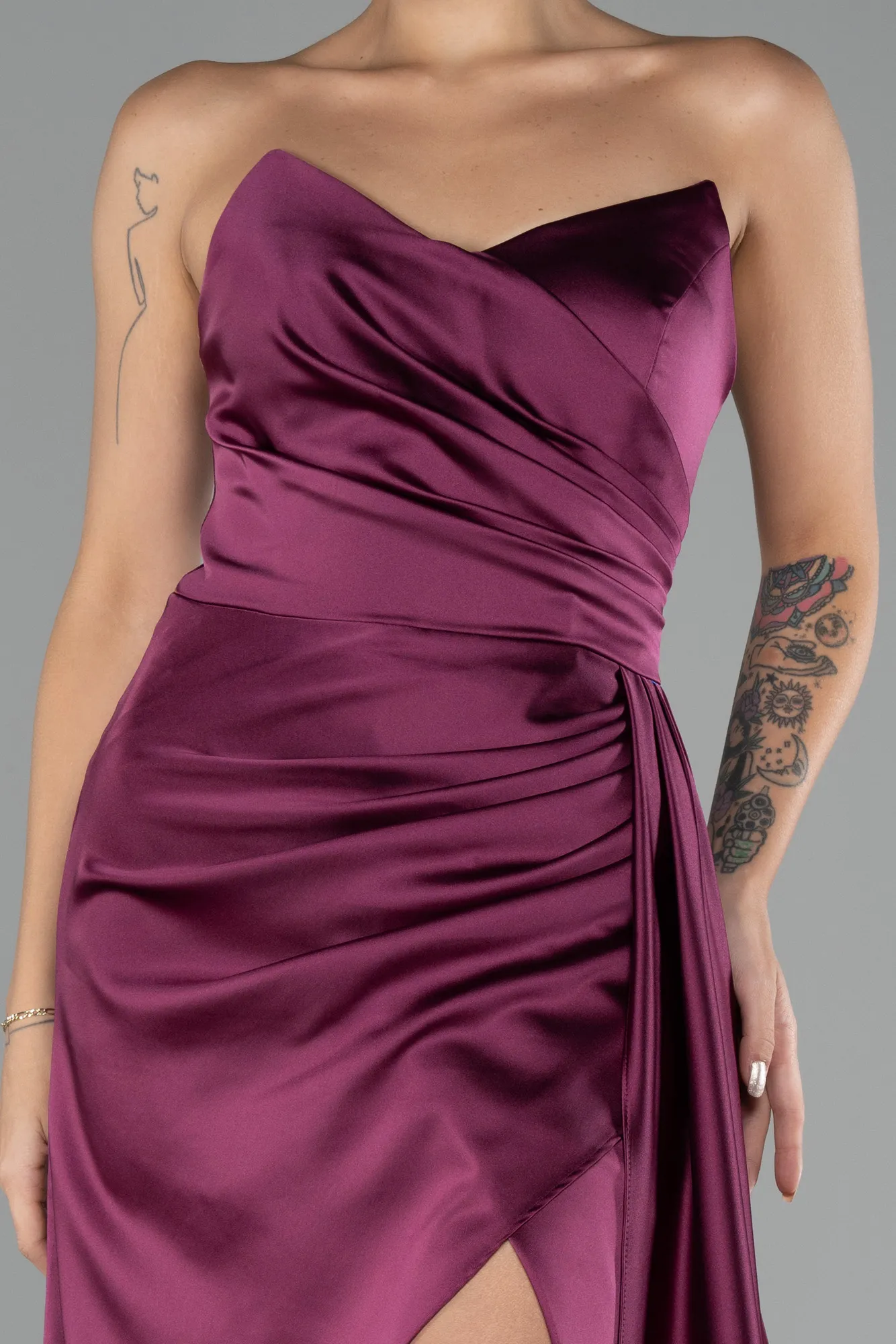 Fuchsia-Strapless Slit Long Satin Prom Gown ABU4093