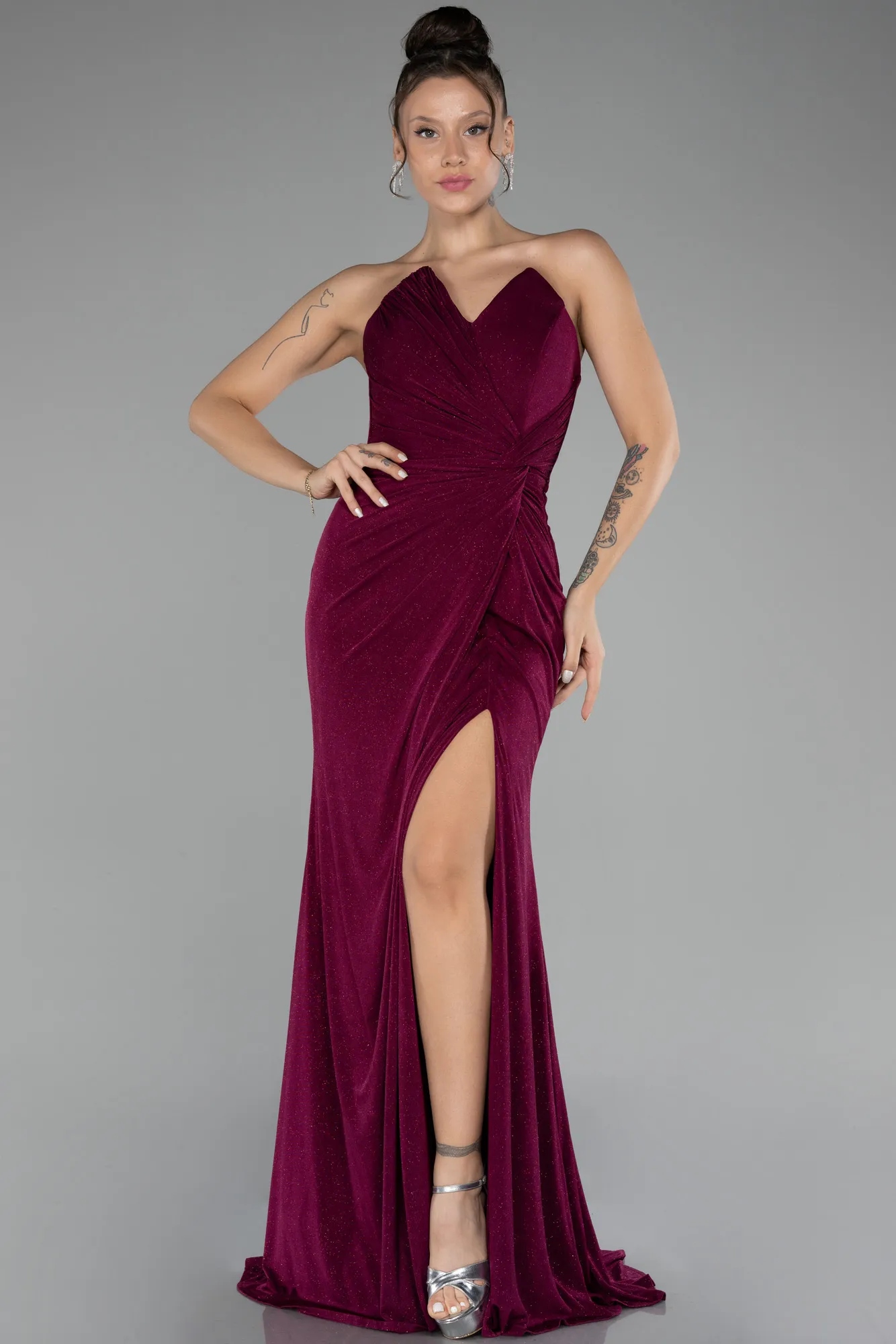 Fuchsia-Strapless Slit Long Silvery Evening Dress ABU4011