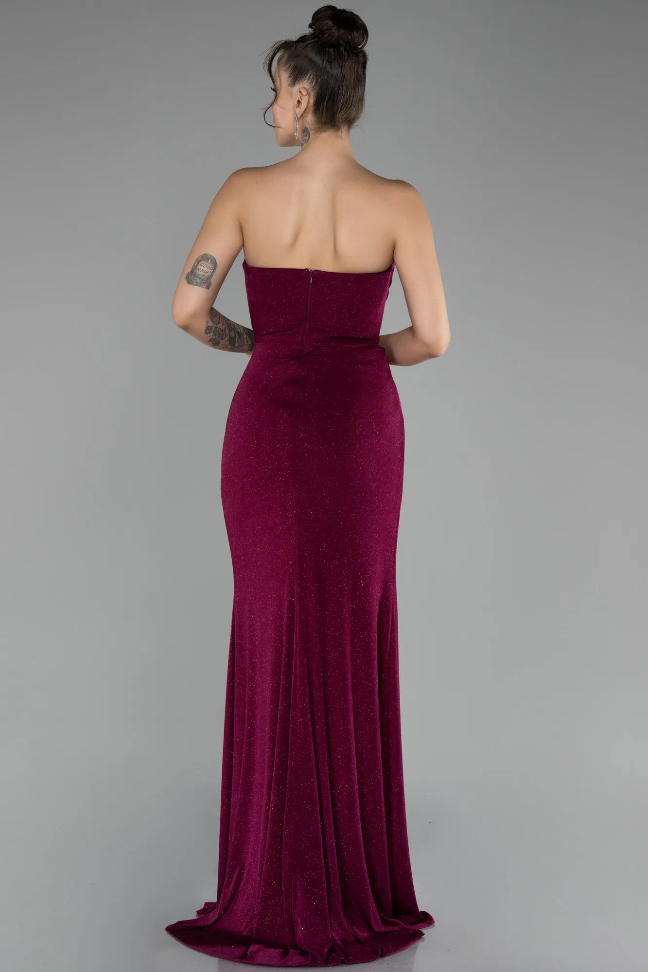 Fuchsia-Strapless Slit Long Silvery Evening Dress ABU4011