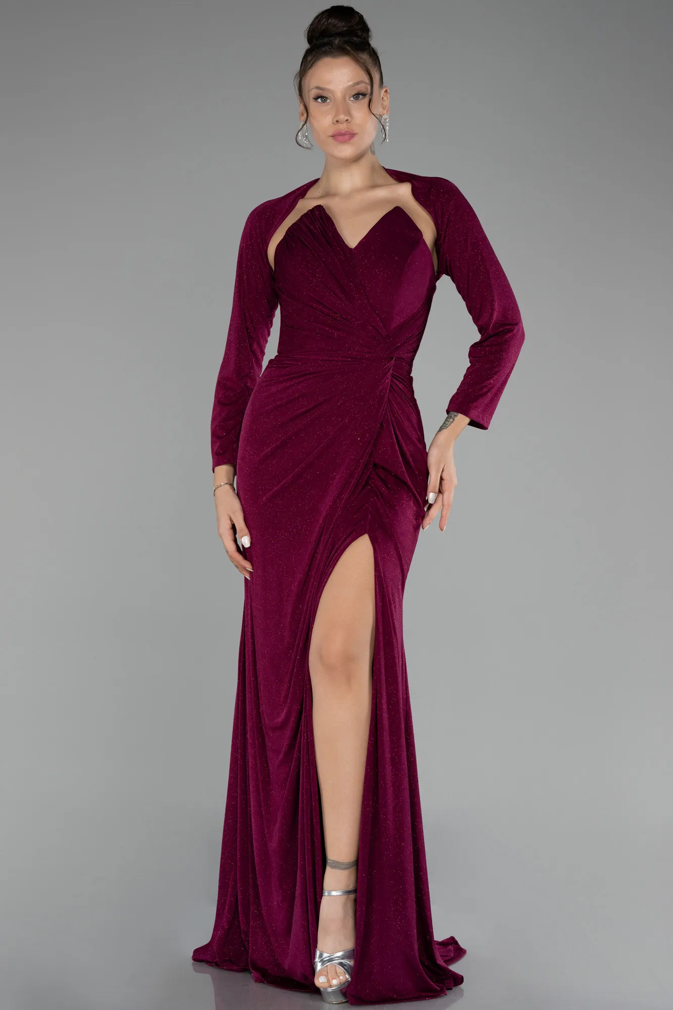 Fuchsia-Strapless Slit Long Silvery Evening Dress ABU4011