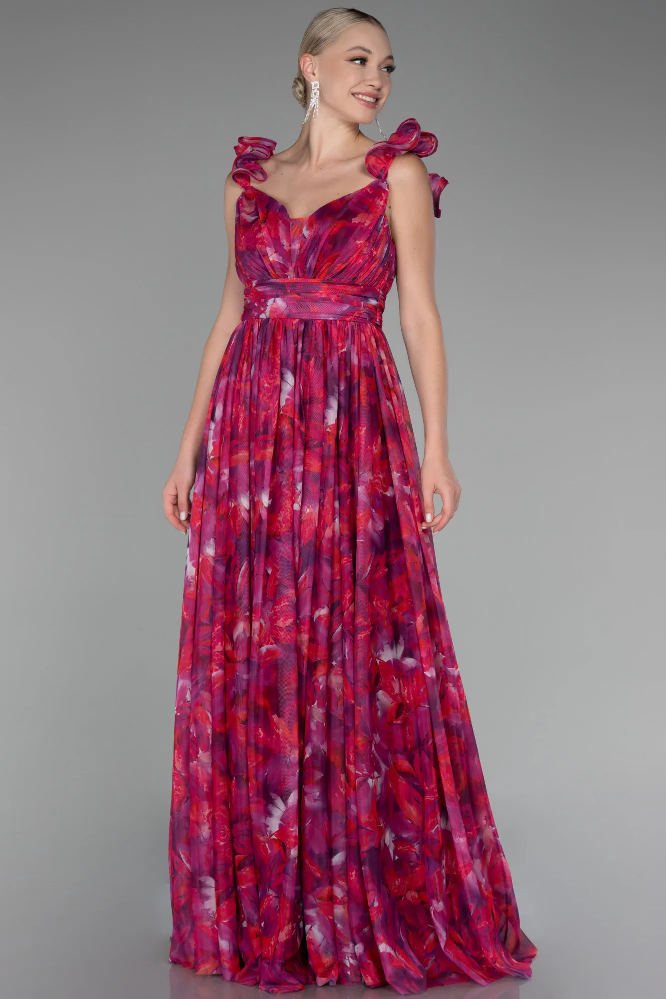 Fuchsia-Strappy Floral Long Prom Dress ABU4134