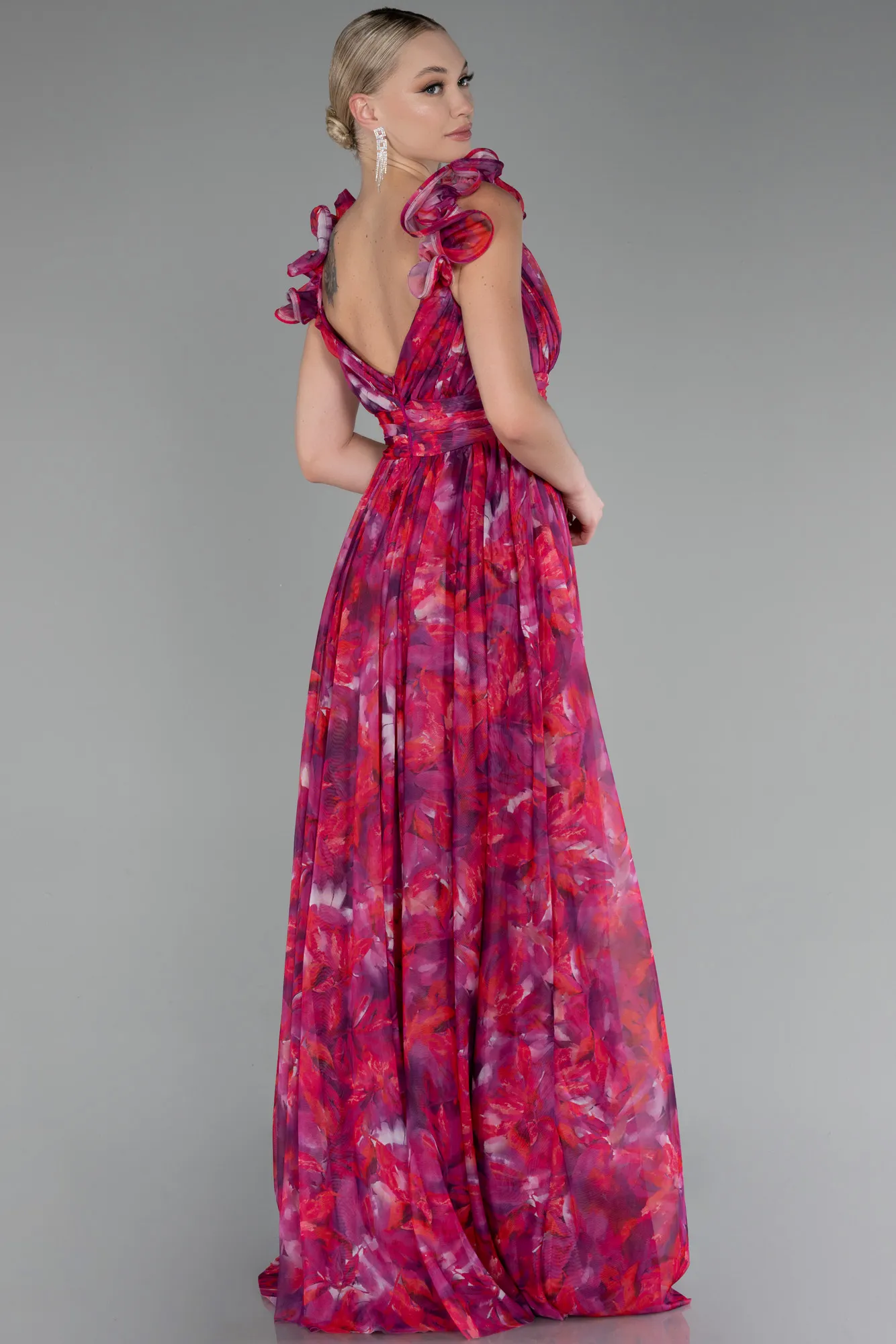 Fuchsia-Strappy Floral Long Prom Dress ABU4134