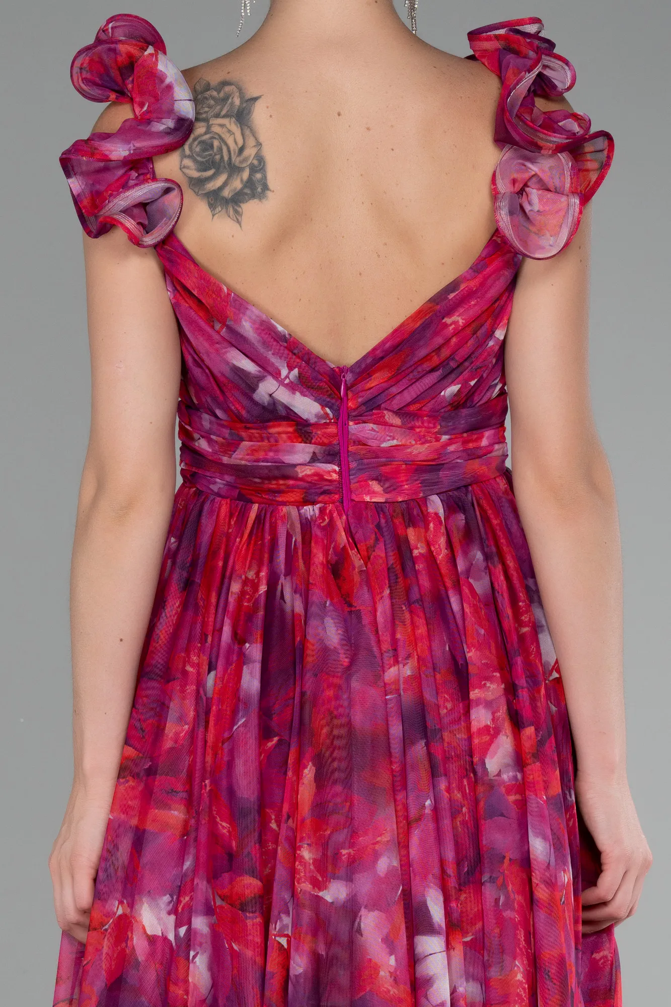 Fuchsia-Strappy Floral Long Prom Dress ABU4134