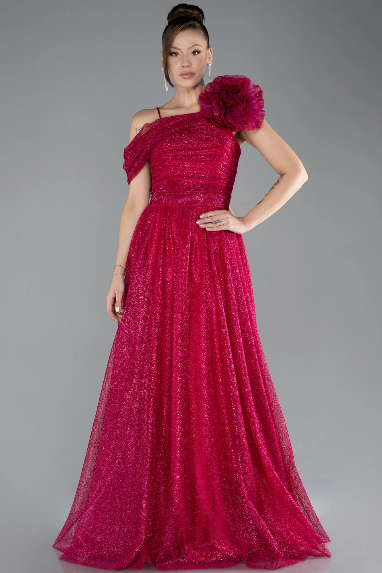 Fuchsia-Strappy Long Glitter Engagement Tulle Prom Dress ABU4496