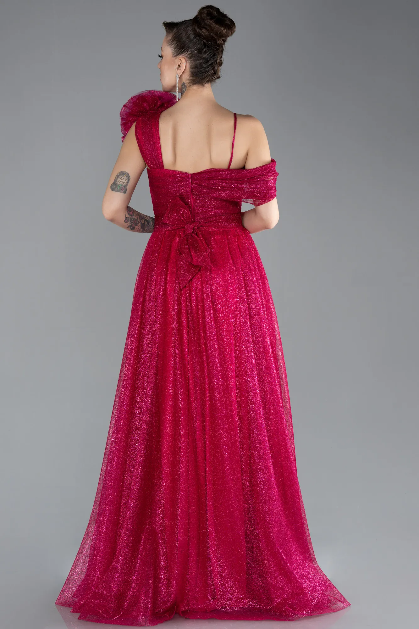 Fuchsia-Strappy Long Glitter Engagement Tulle Prom Dress ABU4496