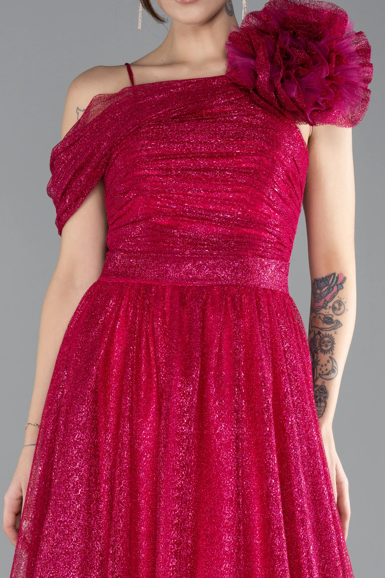 Fuchsia-Strappy Long Glitter Engagement Tulle Prom Dress ABU4496