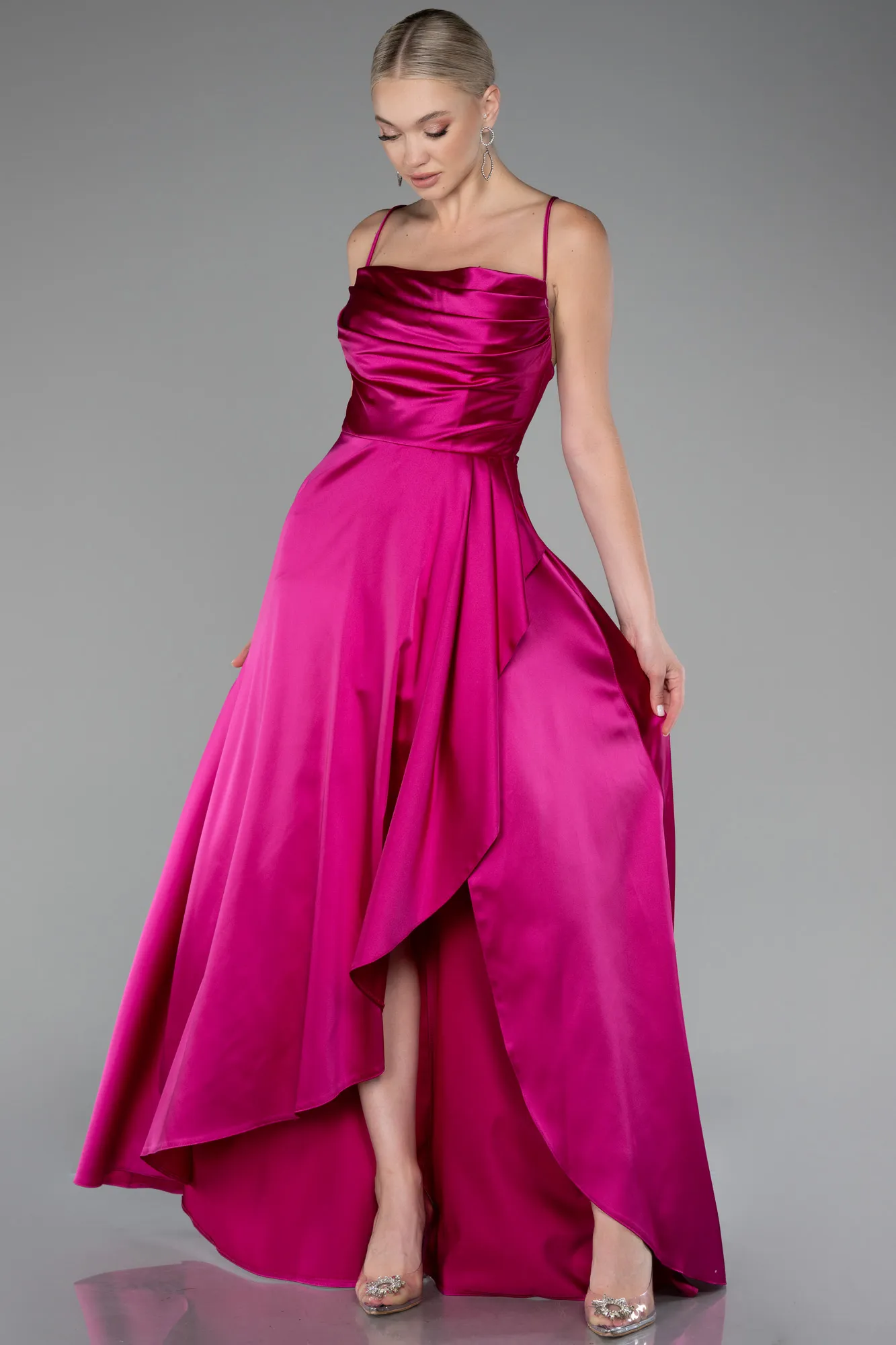 Fuchsia-Strappy Long Satin Prom Gown ABU4073