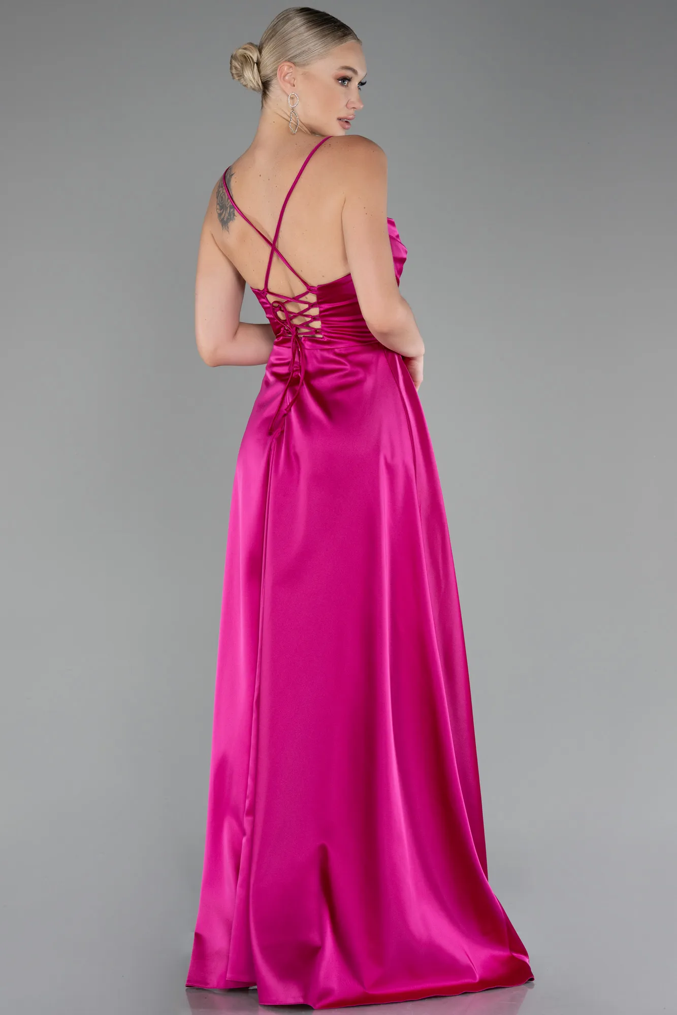 Fuchsia-Strappy Long Satin Prom Gown ABU4073