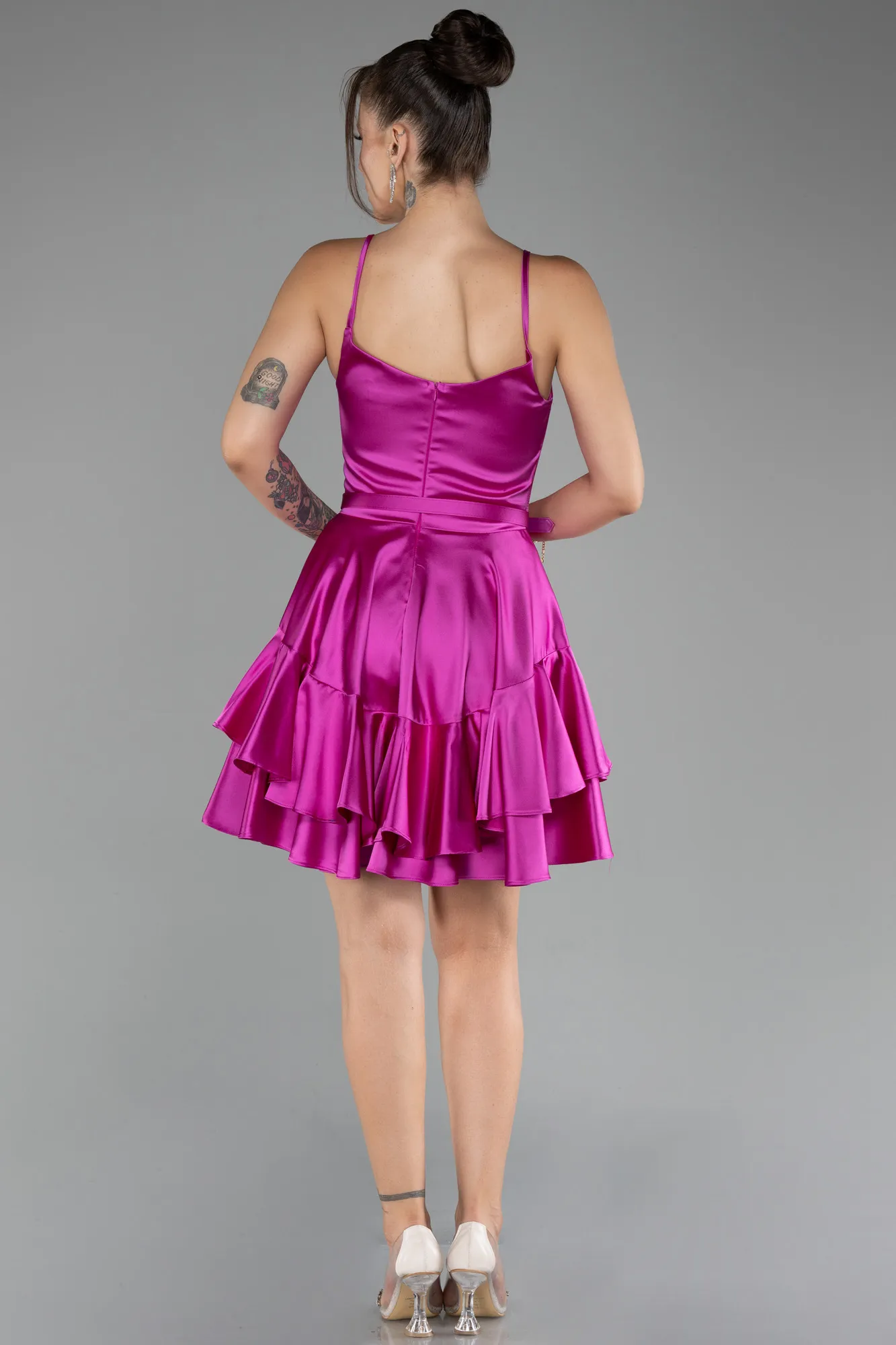 Fuchsia-Strappy Short Satin Cocktail Dress ABK2114