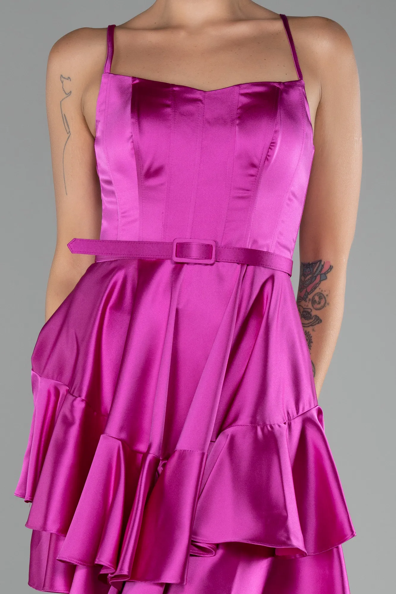 Fuchsia-Strappy Short Satin Cocktail Dress ABK2114