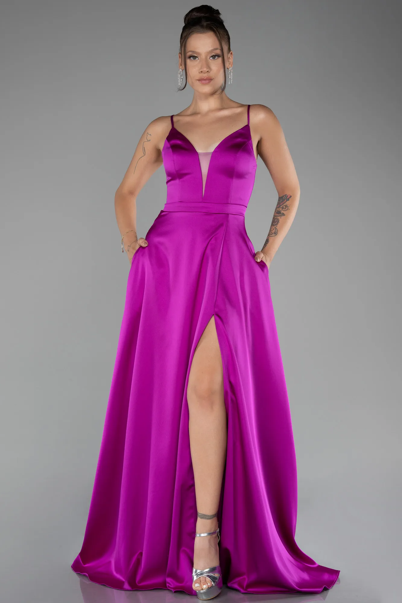 Fuchsia-Strappy Slit Long Satin Prom Gown ABU4087