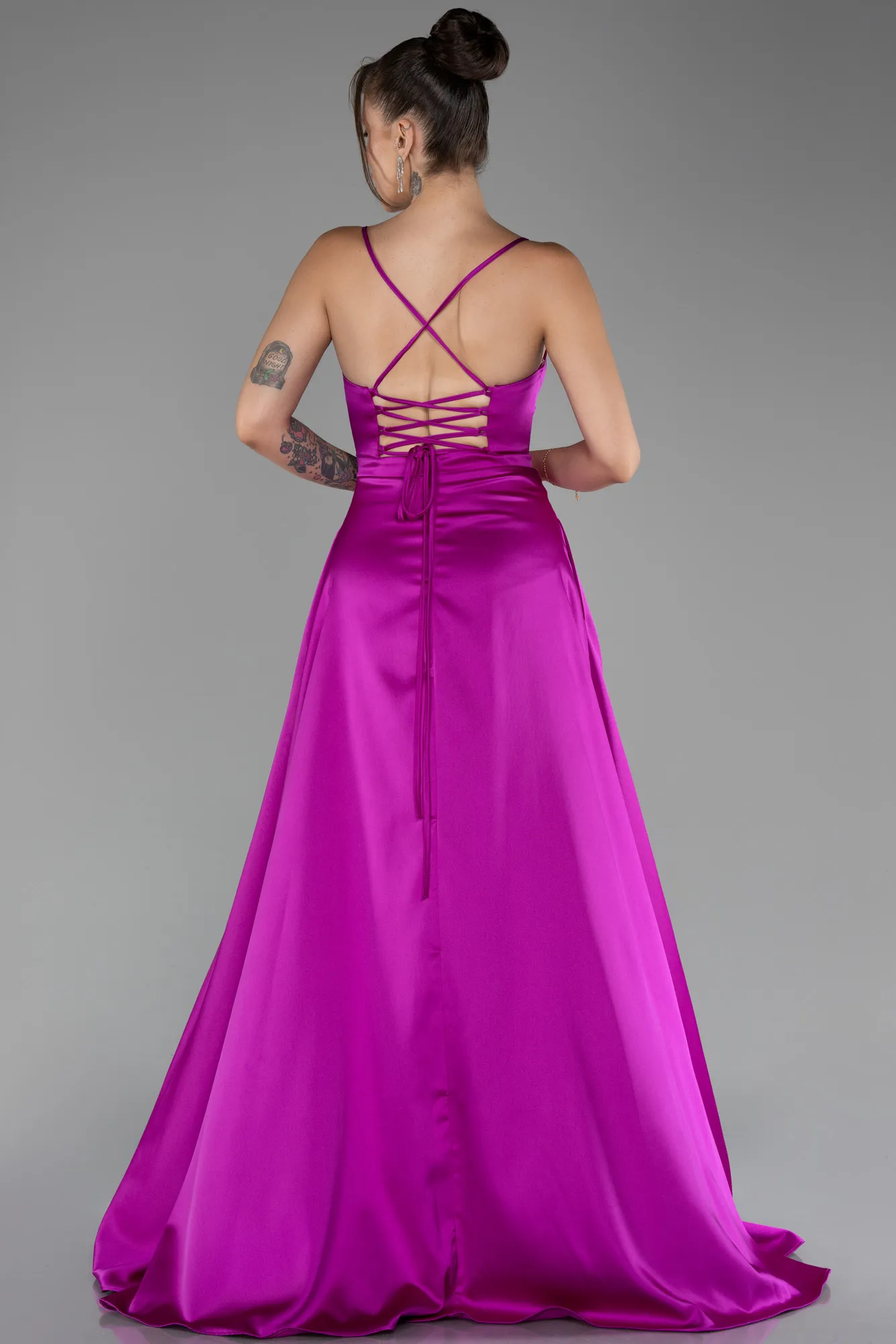 Fuchsia-Strappy Slit Long Satin Prom Gown ABU4087