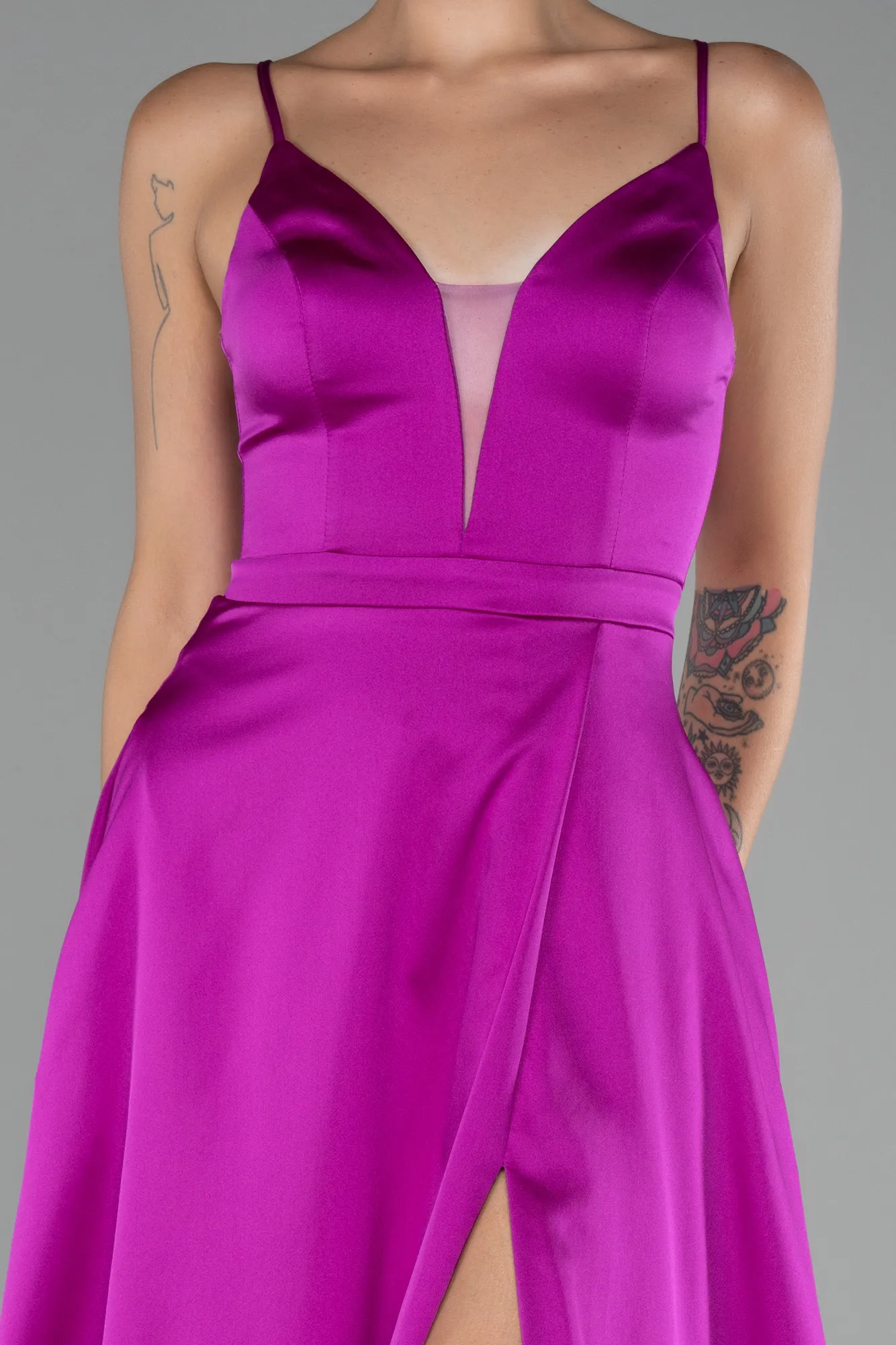 Fuchsia-Strappy Slit Long Satin Prom Gown ABU4087