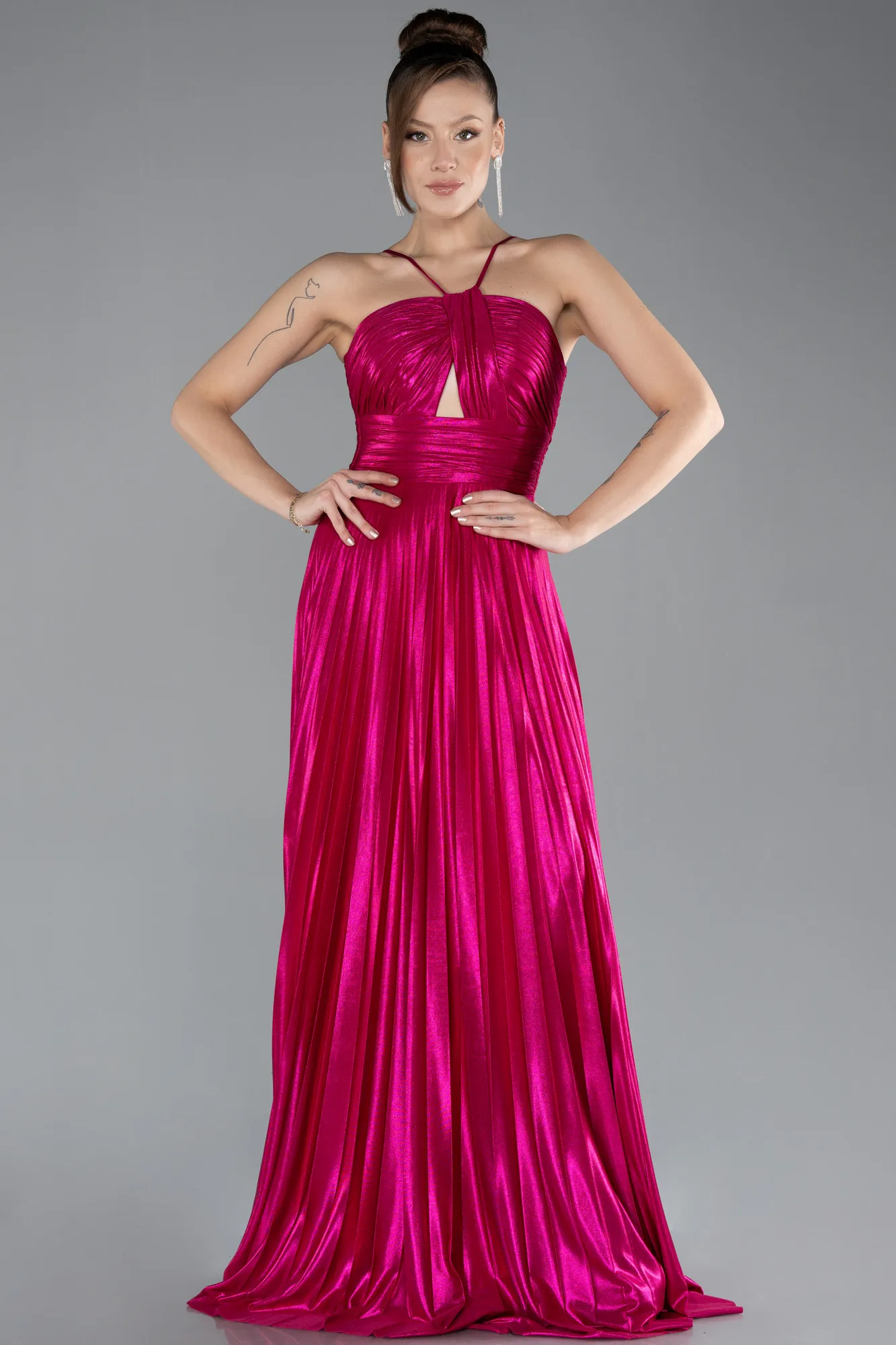 Fuchsia-Symmetrical Cut Long Metallic Chiffon Evening Gown ABU4497