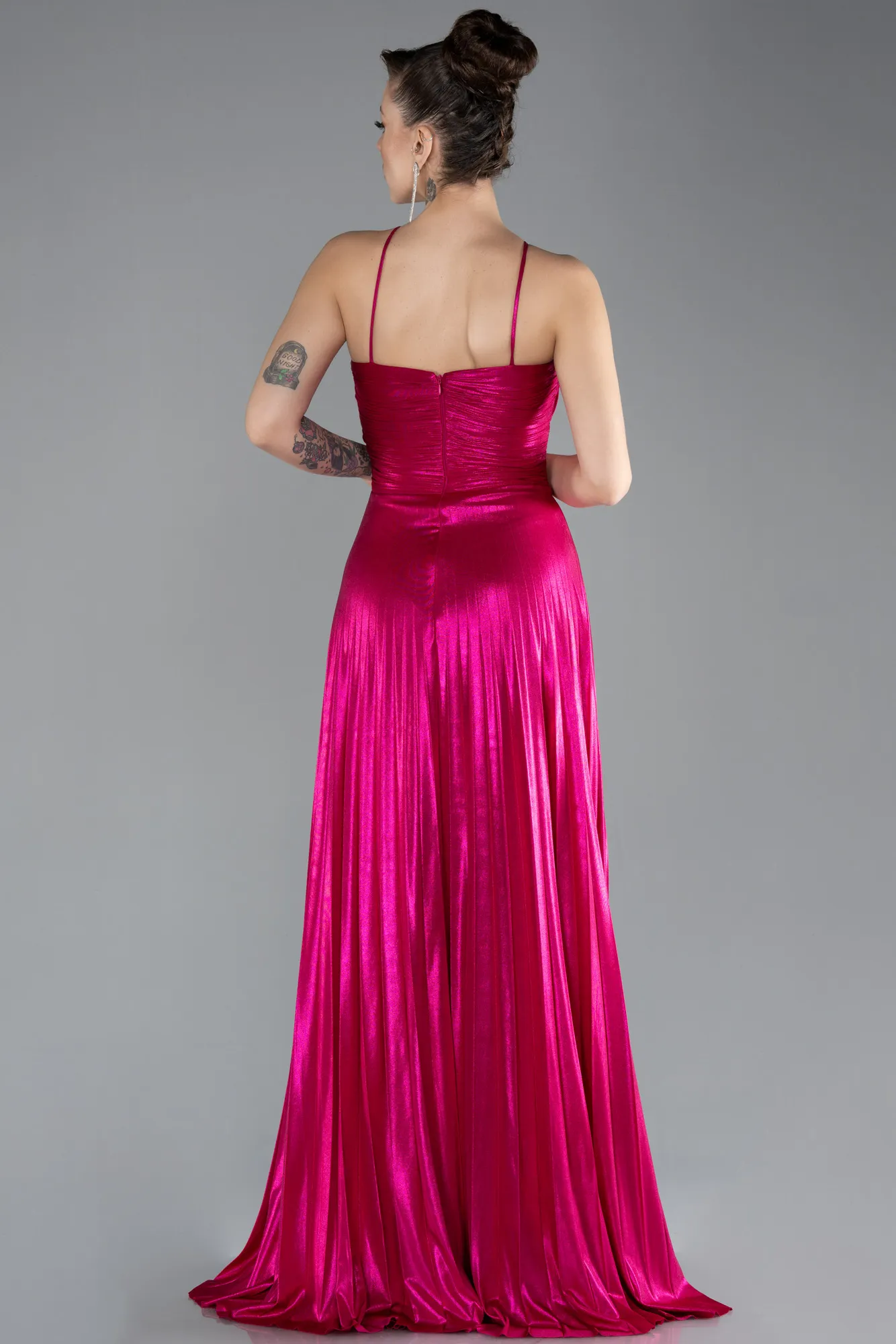 Fuchsia-Symmetrical Cut Long Metallic Chiffon Evening Gown ABU4497