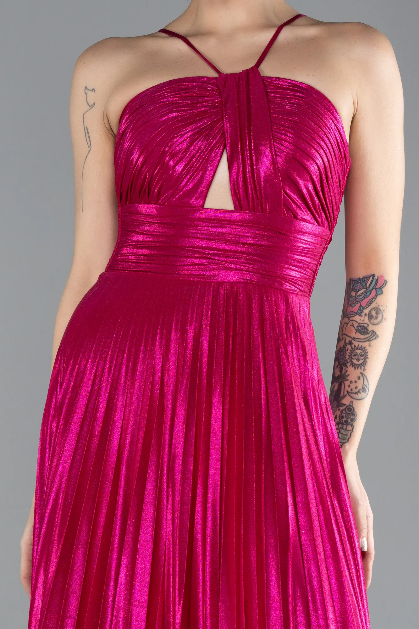 Fuchsia-Symmetrical Cut Long Metallic Chiffon Evening Gown ABU4497