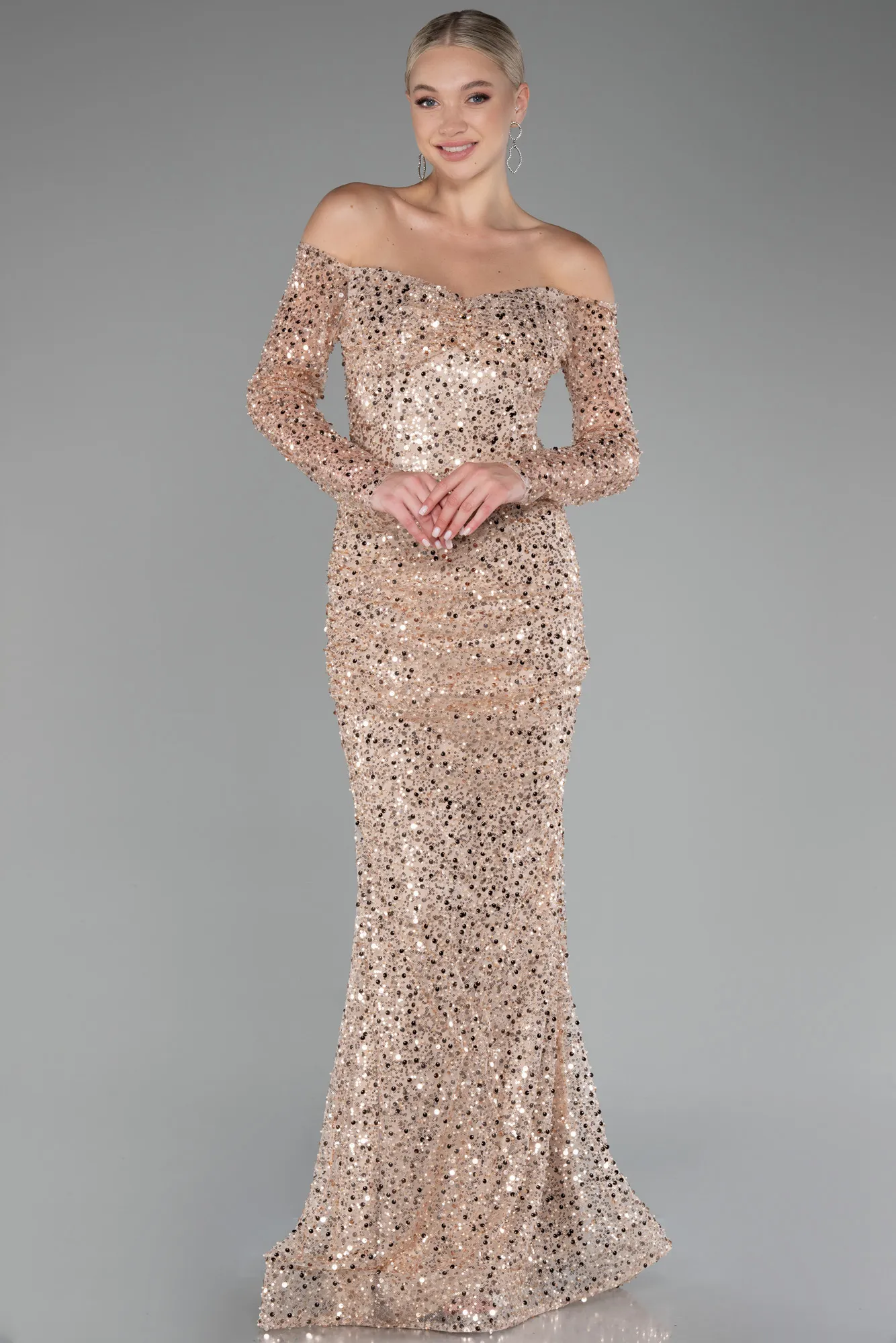 Gold-Boat Neck Long Sleeve Sequined Evening Dress ABU3879