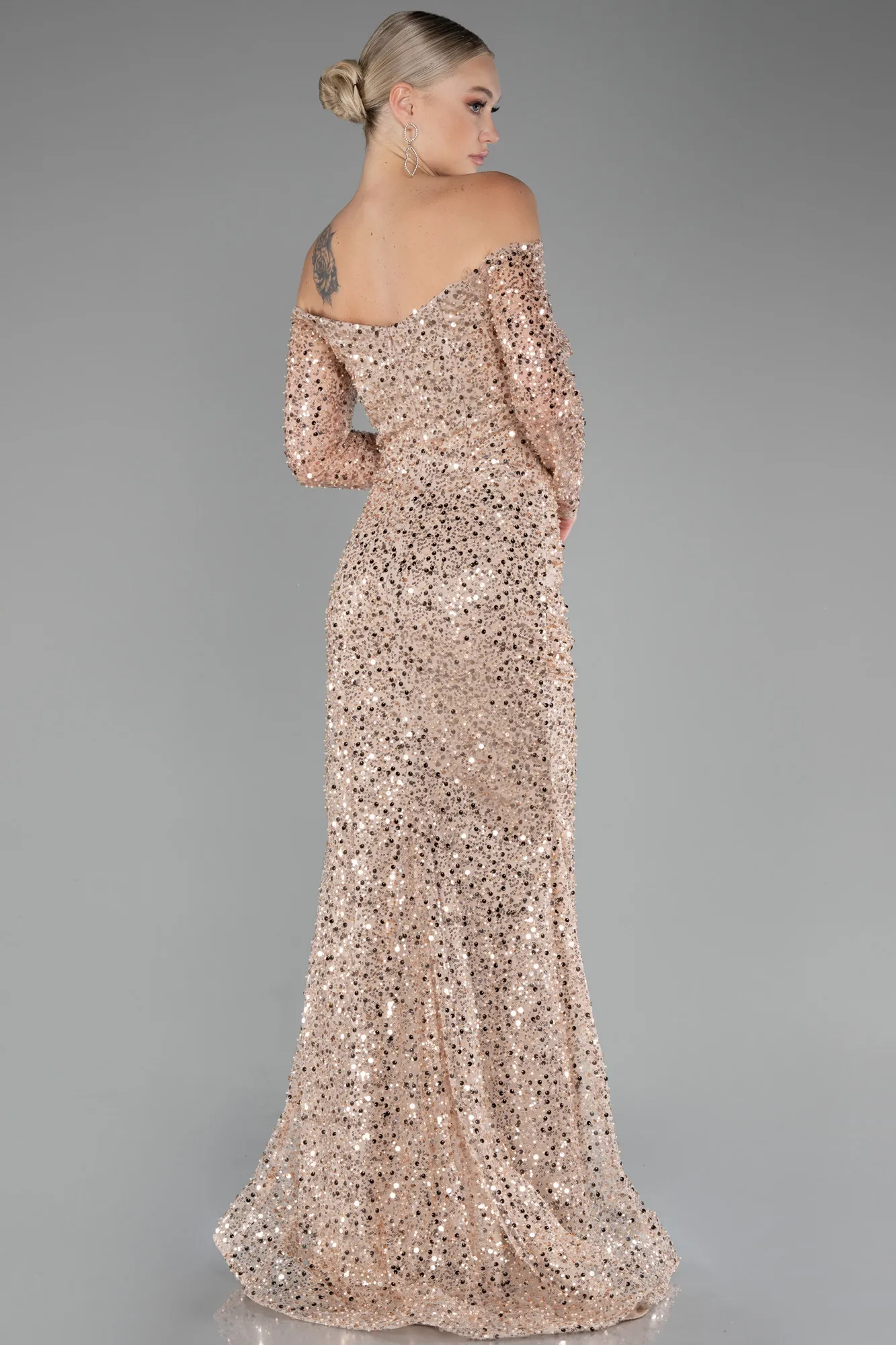 Gold-Boat Neck Long Sleeve Sequined Evening Dress ABU3879