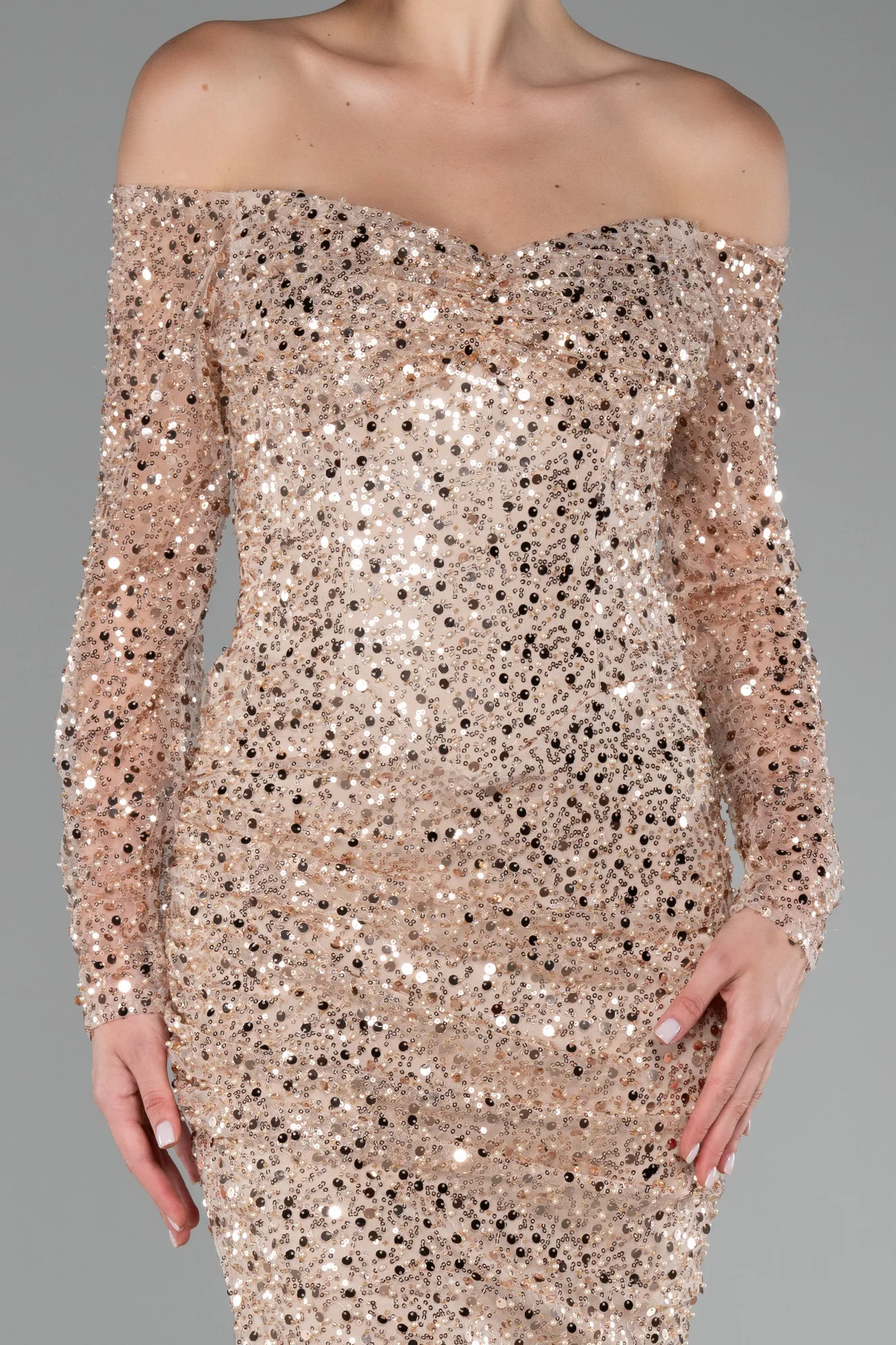 Gold-Boat Neck Long Sleeve Sequined Evening Dress ABU3879