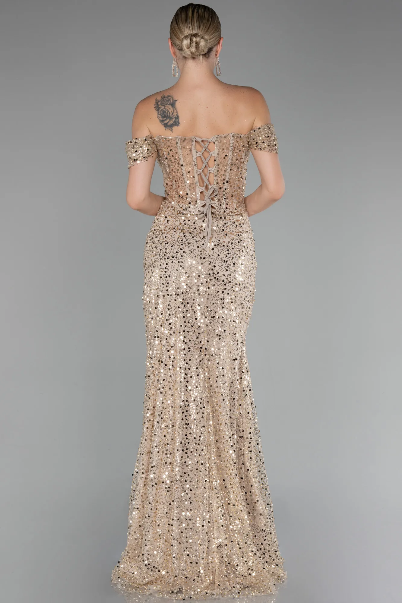 Gold-Boat Neck Slit Long Sequined Evening Gown ABU4120