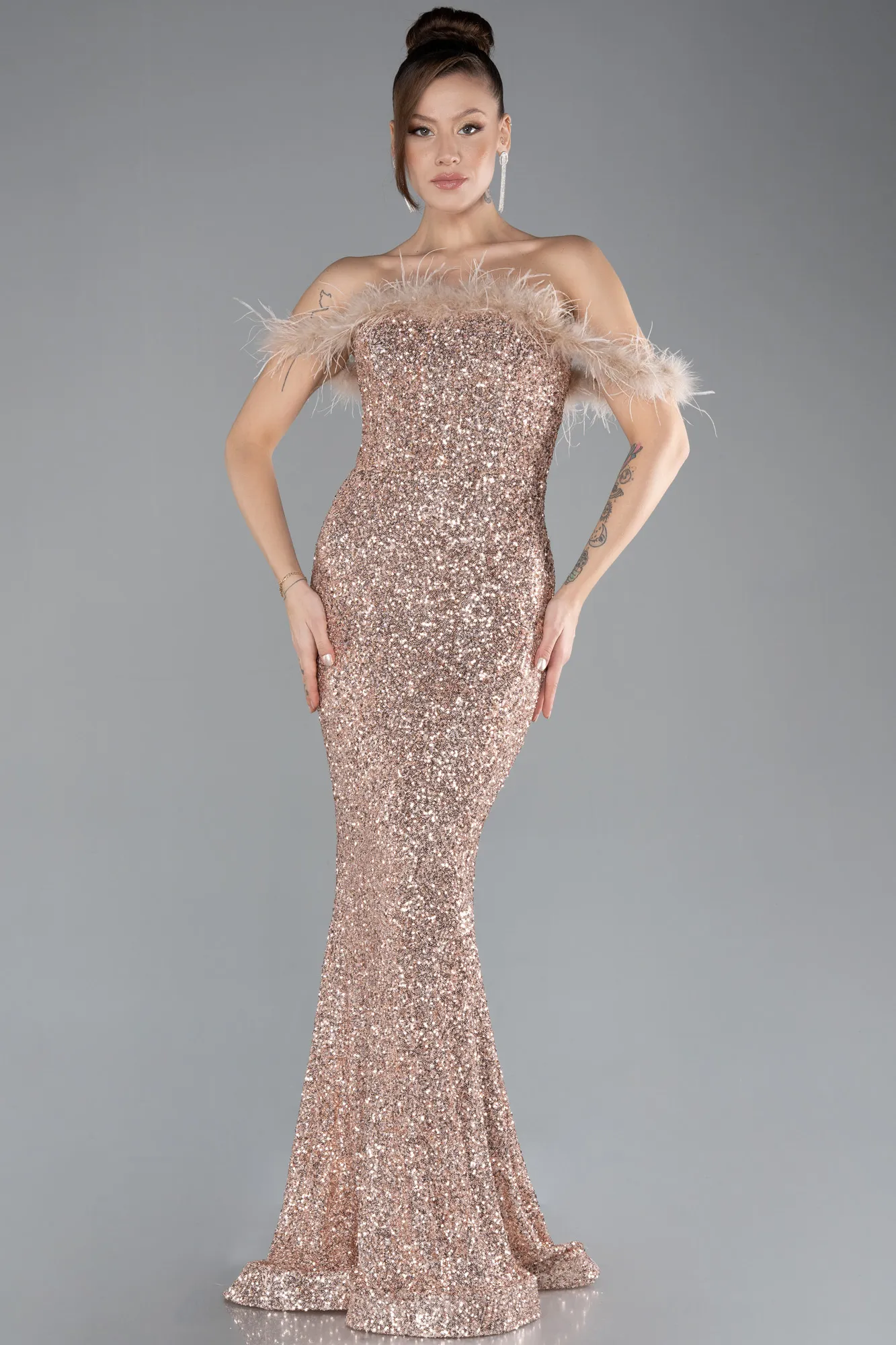 Gold-Feathered Boat Neck Sequined Long Mermaid Prom Dress ABU4513