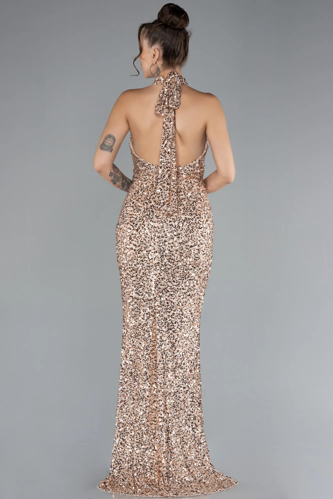 Gold-Halter Neck Slit Long Scaly Evening Gown ABU4306