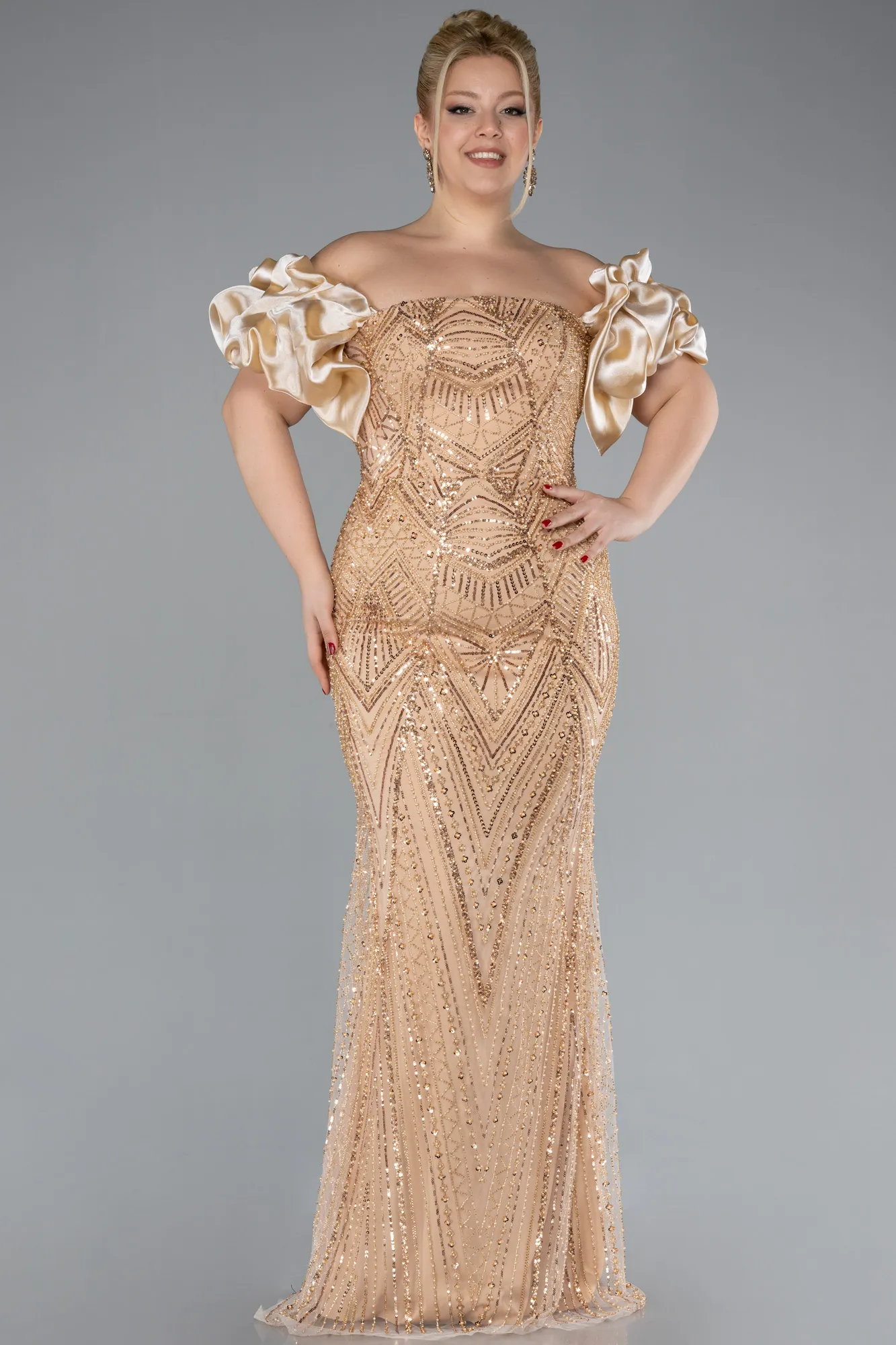 Gold-Long Beaded Plus Size Engagement Dress ABU4413