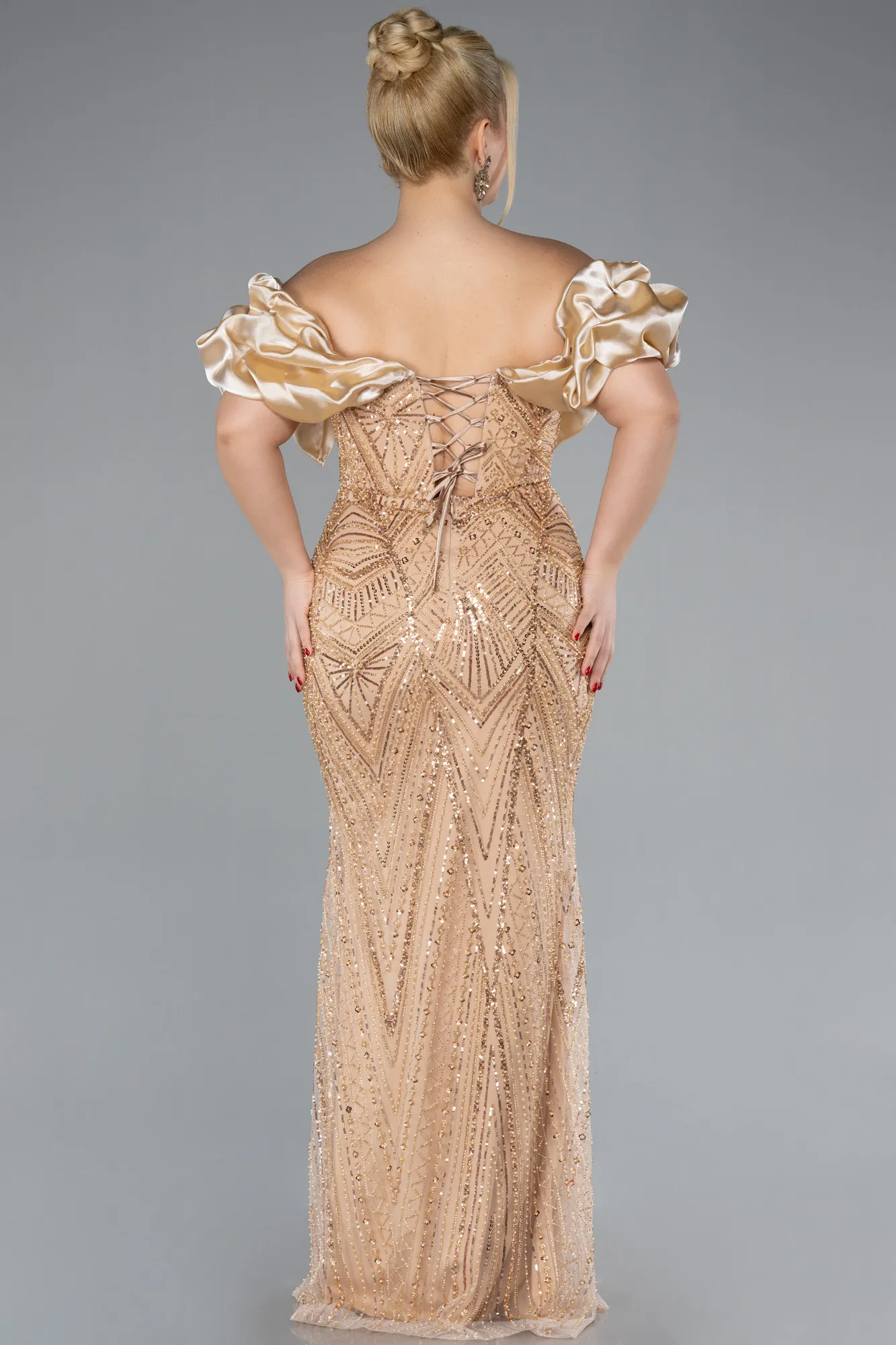 Gold-Long Beaded Plus Size Engagement Dress ABU4413