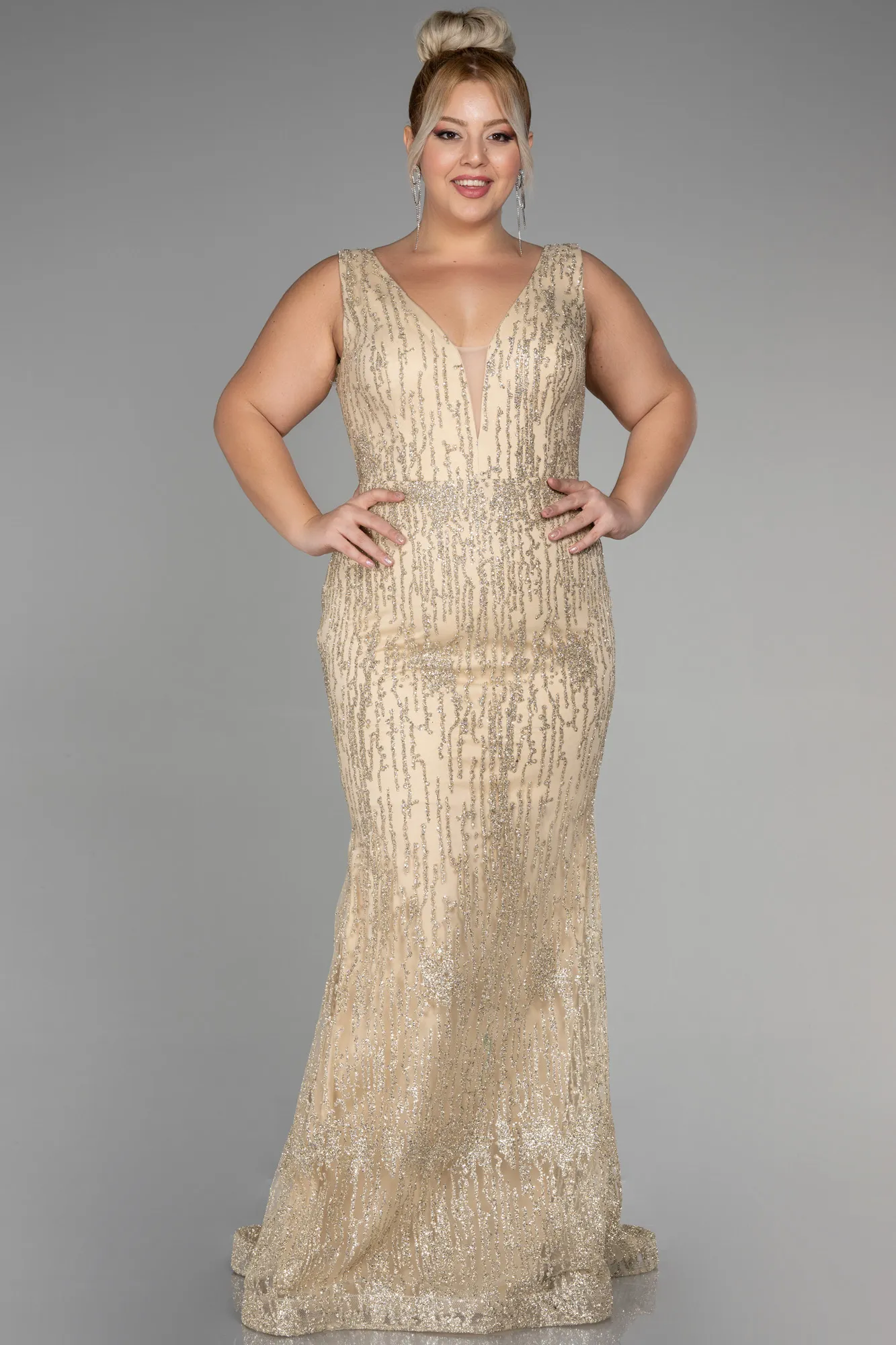 Gold-Long Plus Size Engagement Dress ABU3368