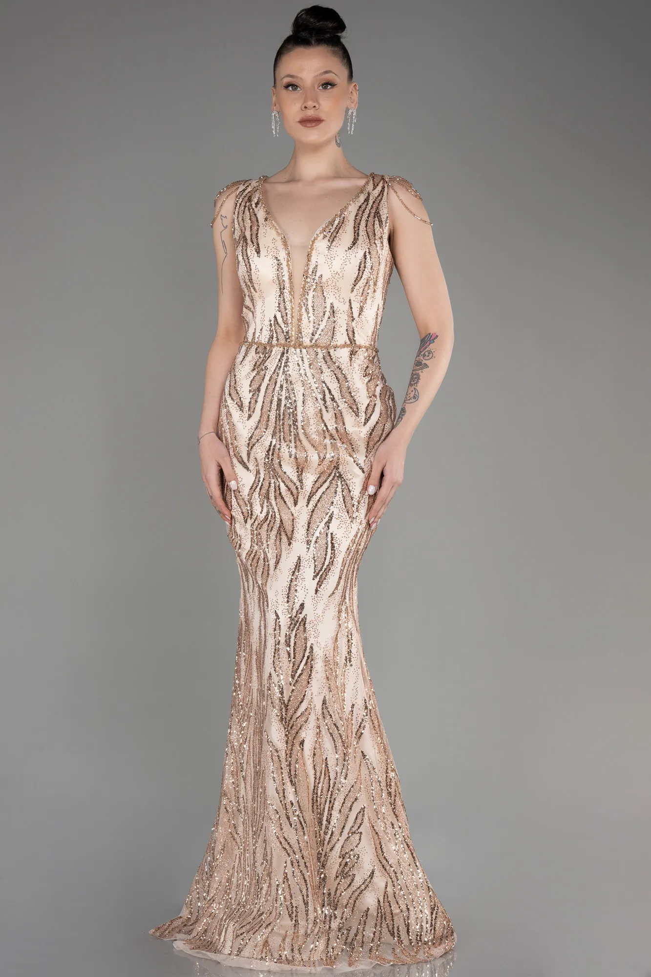 Gold-Long Plus Size Engagement Dress ABU3789