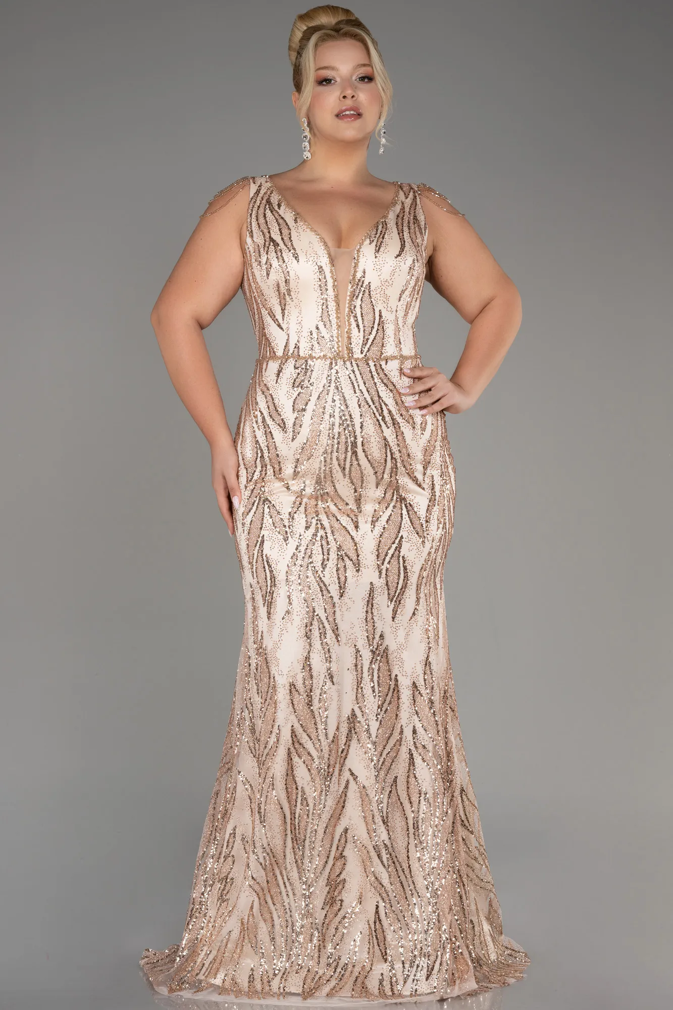 Gold-Long Plus Size Engagement Dress ABU3789