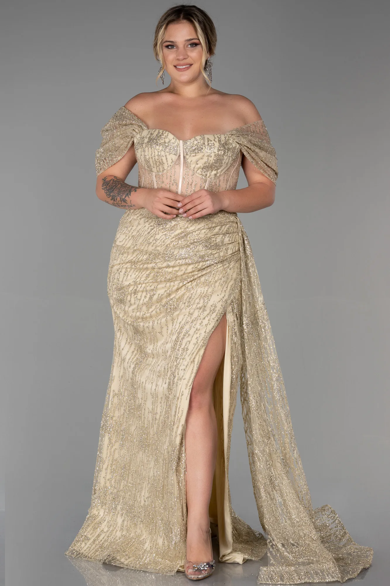 Gold-Long Plus Size Evening Dress ABU3097