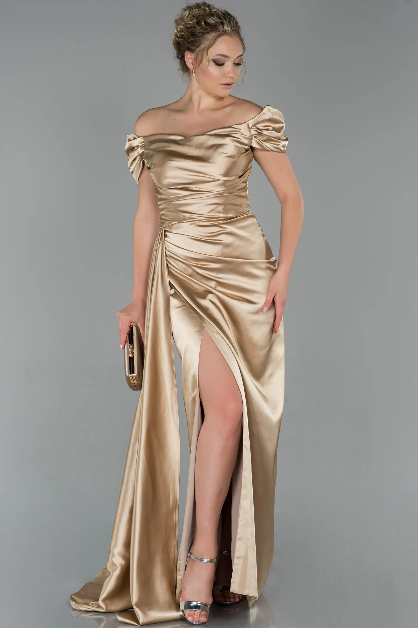 Gold-Long Satin Engagement Dress ABU1606