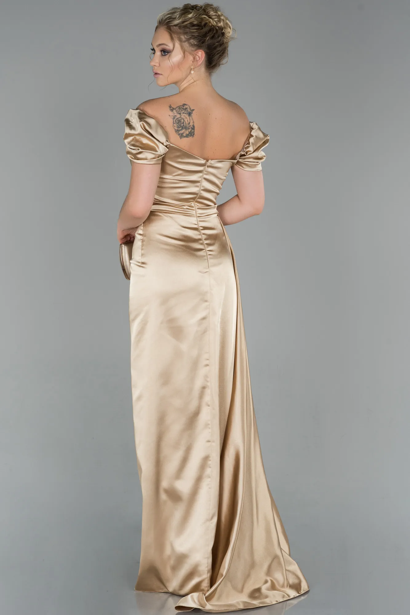 Gold-Long Satin Engagement Dress ABU1606