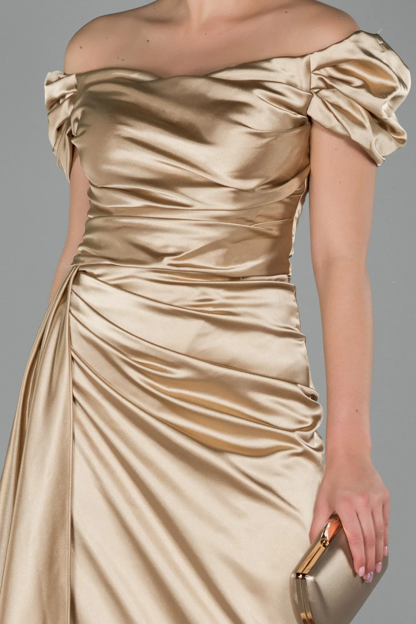 Gold-Long Satin Engagement Dress ABU1606