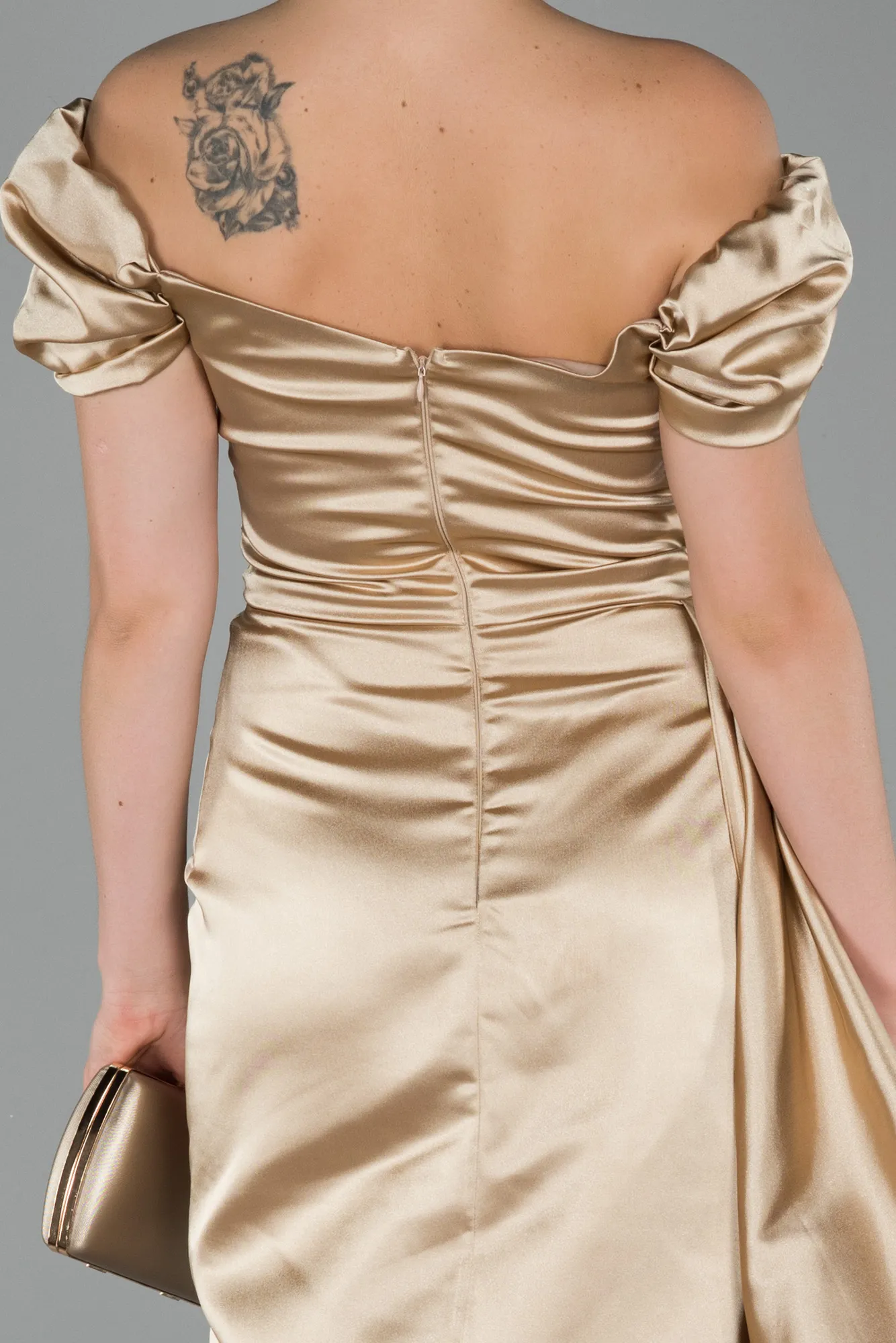 Gold-Long Satin Engagement Dress ABU1606