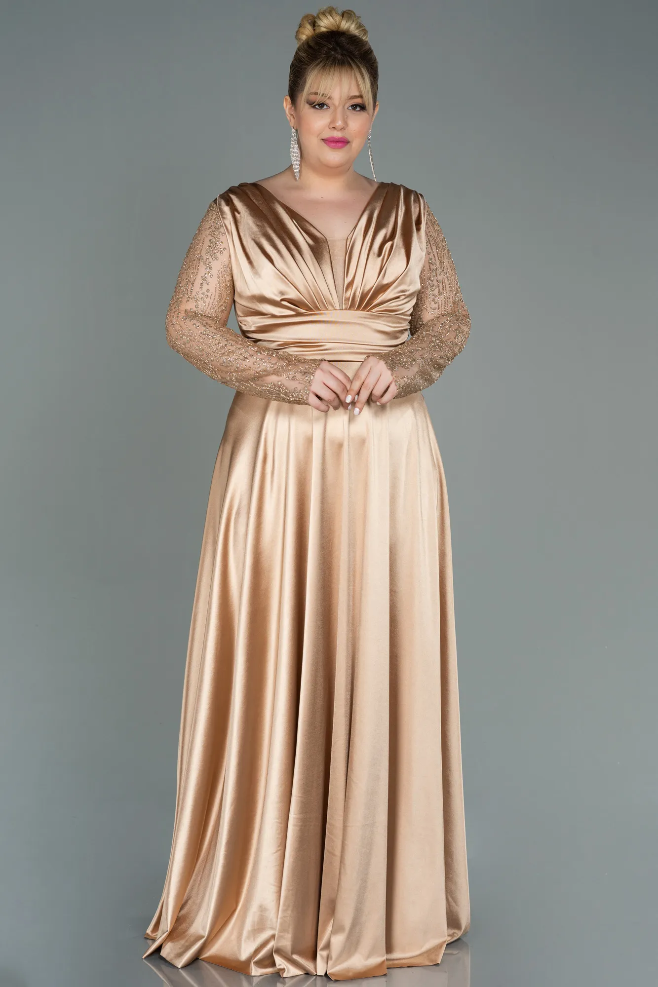 Gold-Long Satin Oversized Evening Dress ABU2641