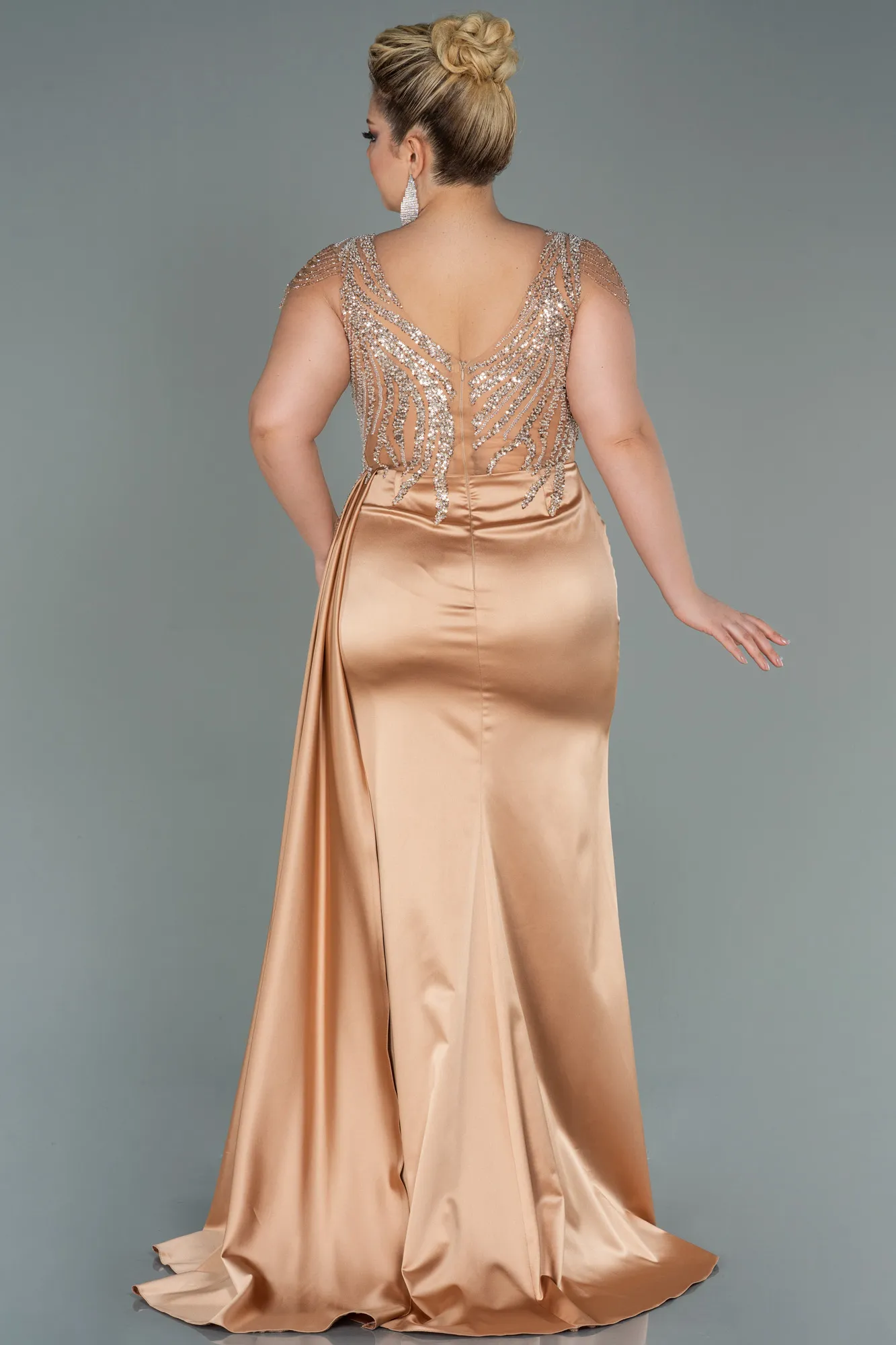 Gold-Long Satin Plus Size Evening Dress ABU3169