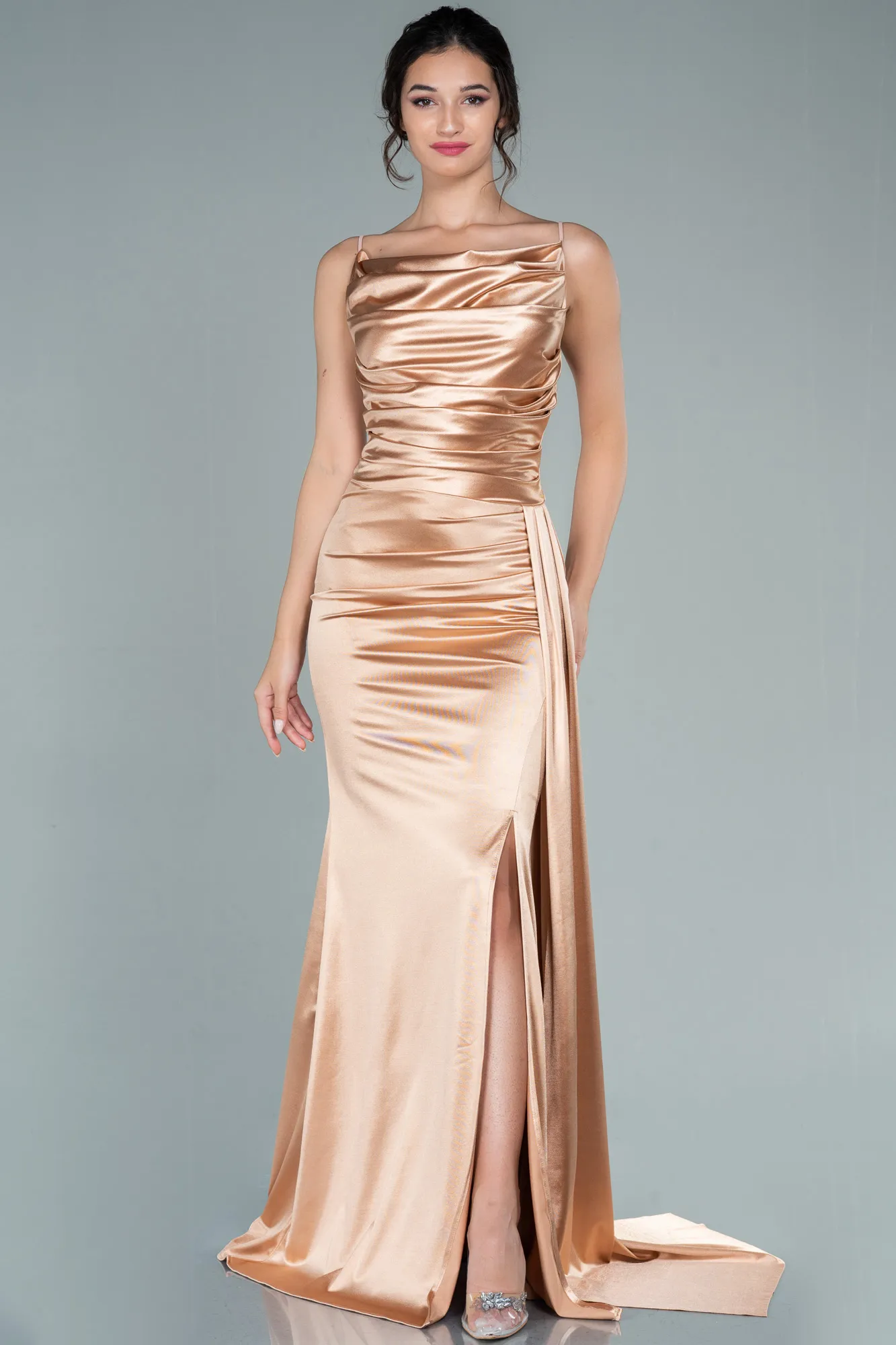 Gold-Long Satin Prom Gown ABU2539