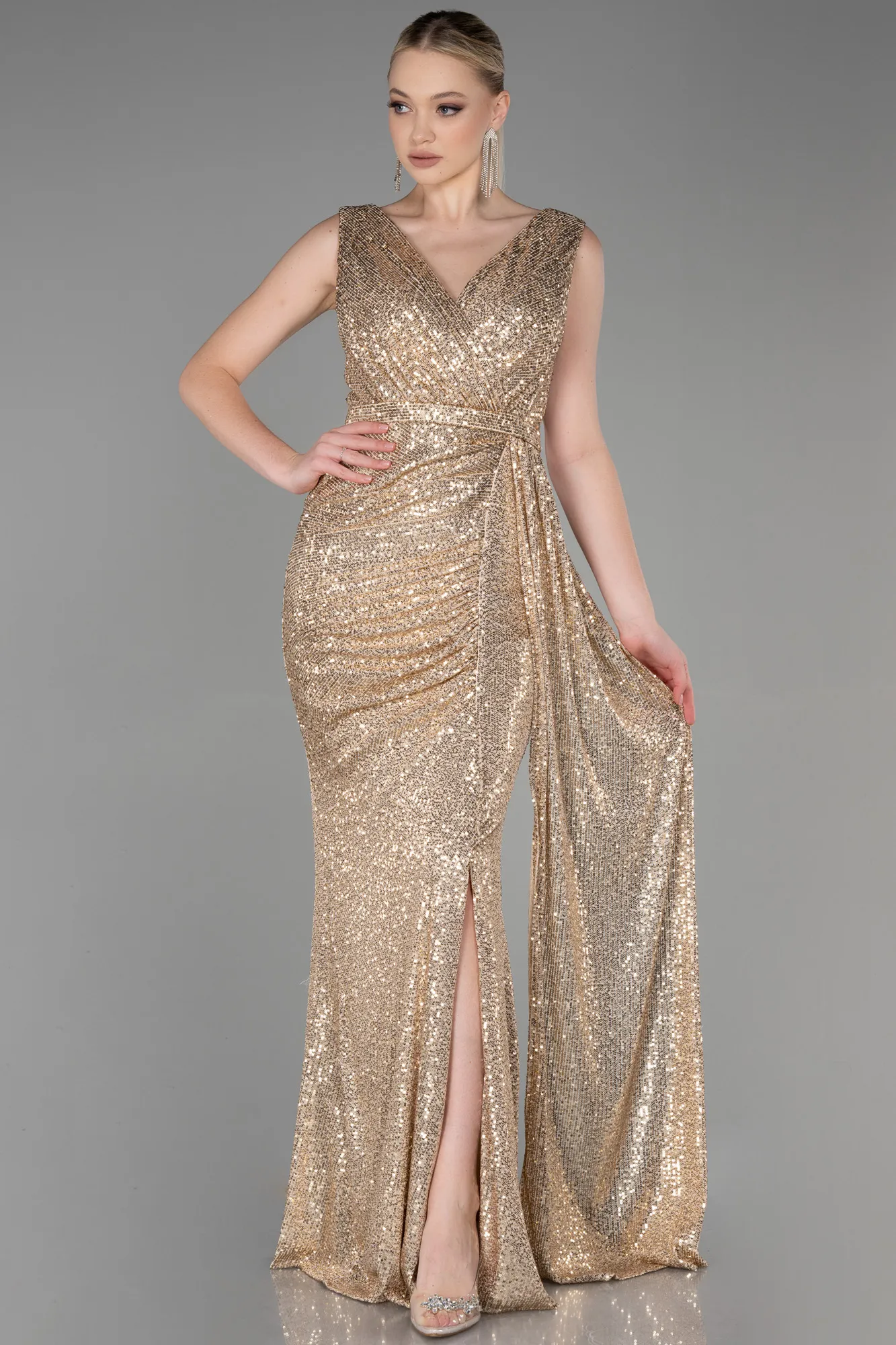 Gold-Long Scaly Evening Dress ABU3201