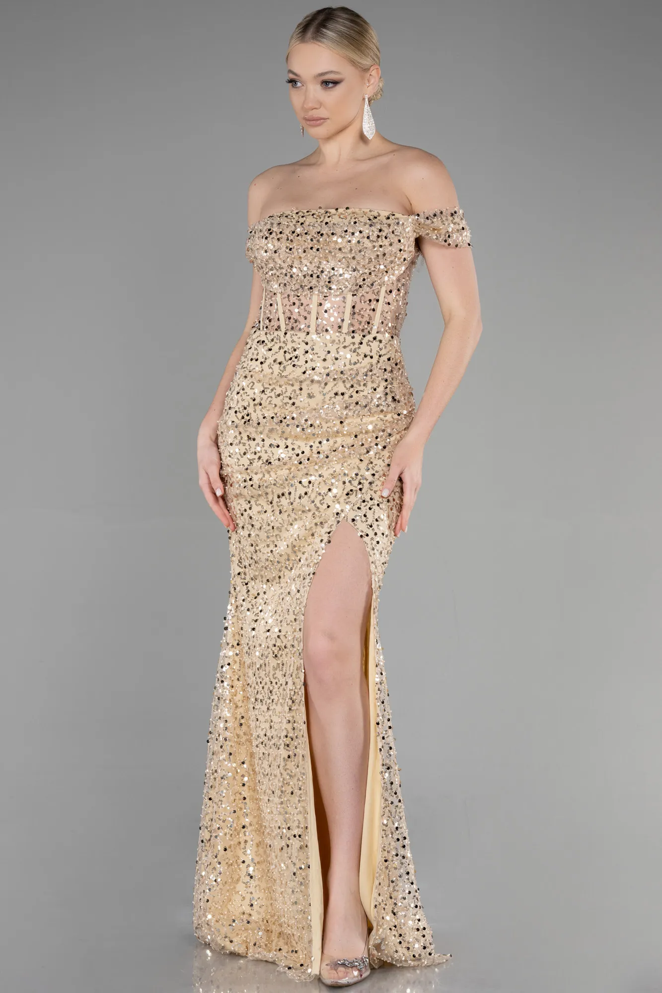 Gold-Long Scaly Evening Dress ABU3498
