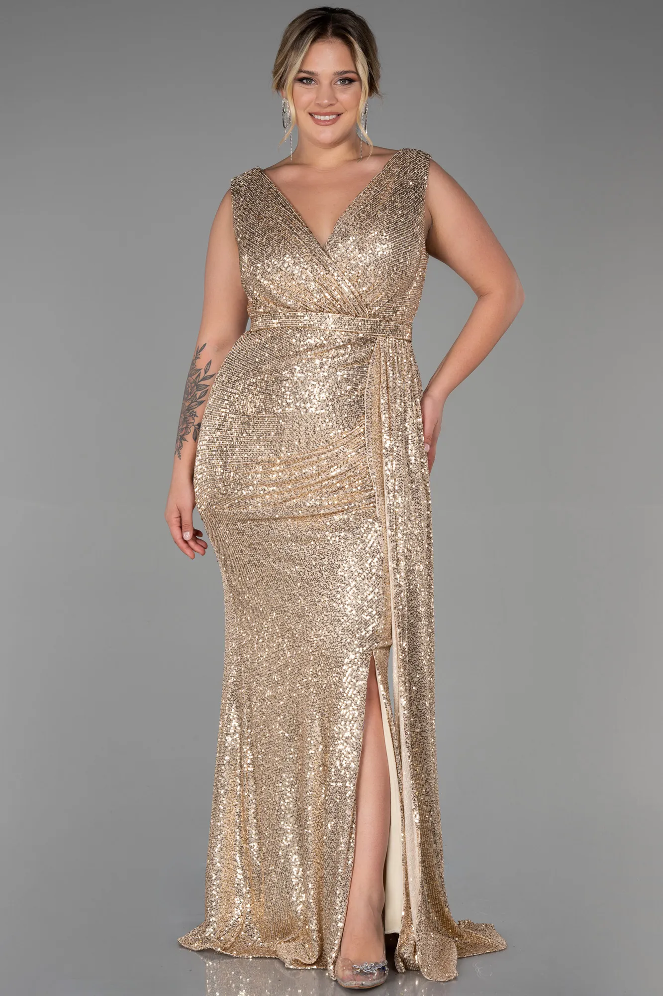 Gold-Long Scaly Plus Size Evening Dress ABU3194