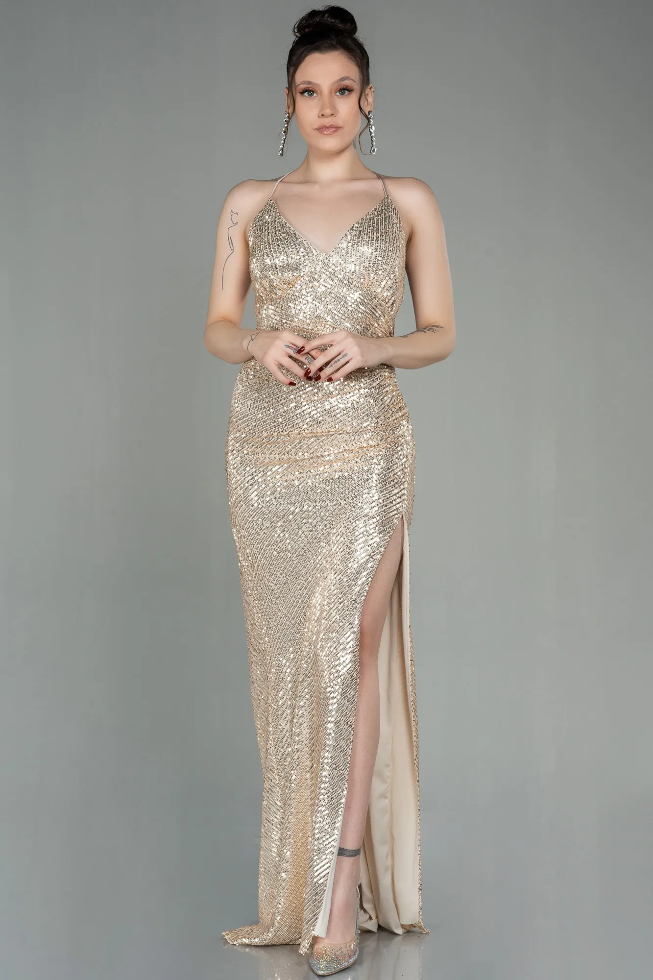 Gold-Long Scaly Prom Gown ABU2955
