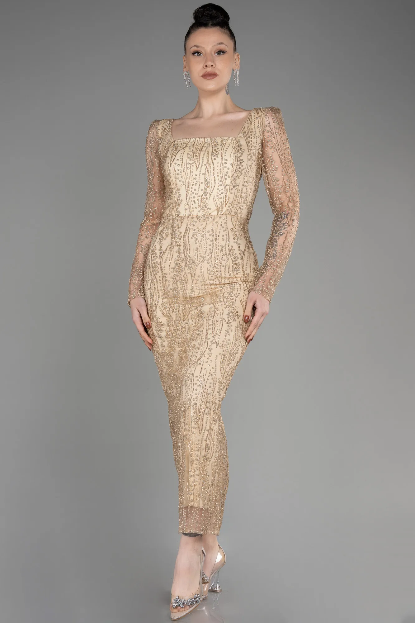 Gold-Long Sleeve Midi Cocktail Dress ABK2025