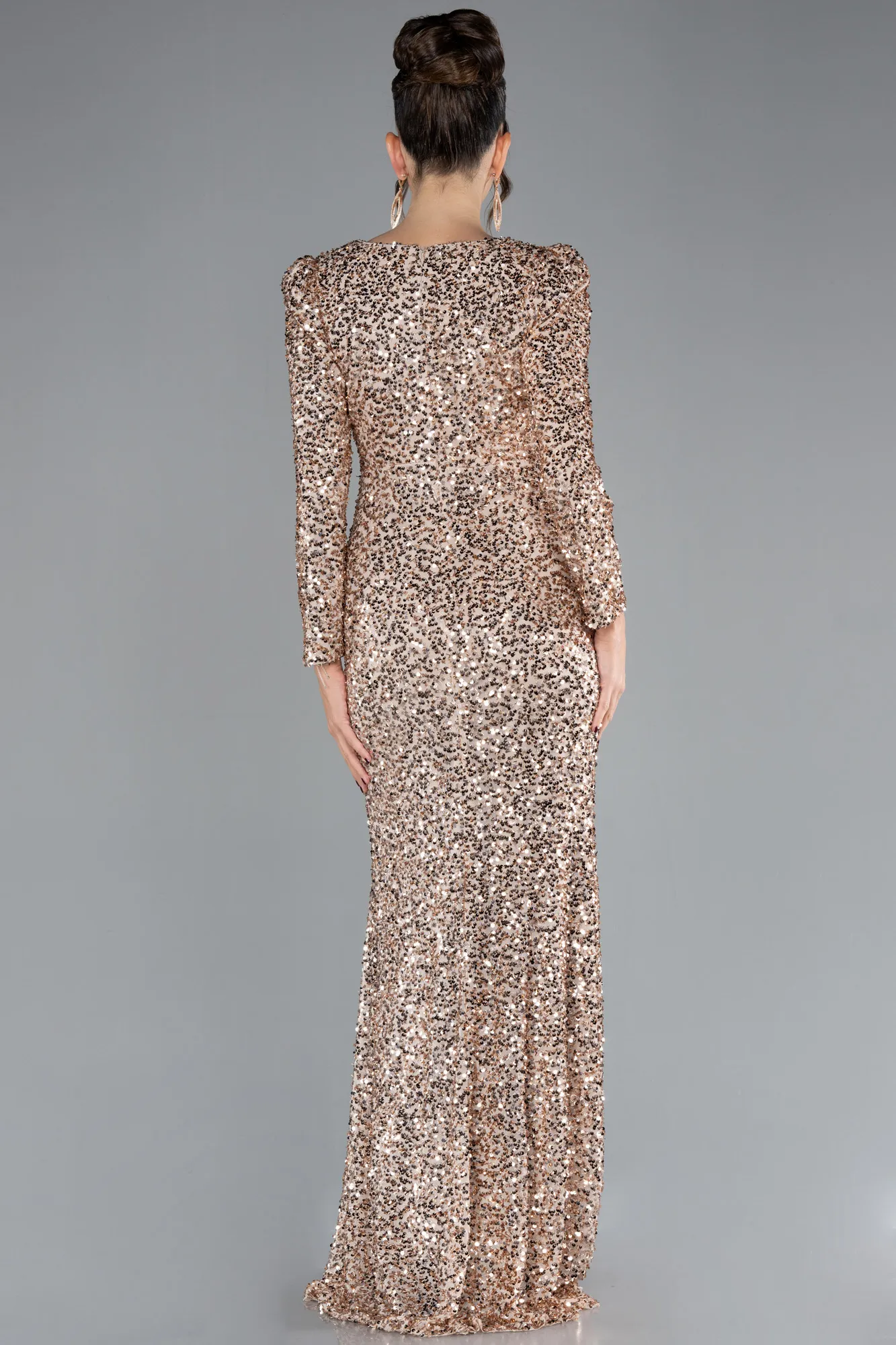 Gold-Long Sleeve Slit Sequined Evening Gown ABU4329