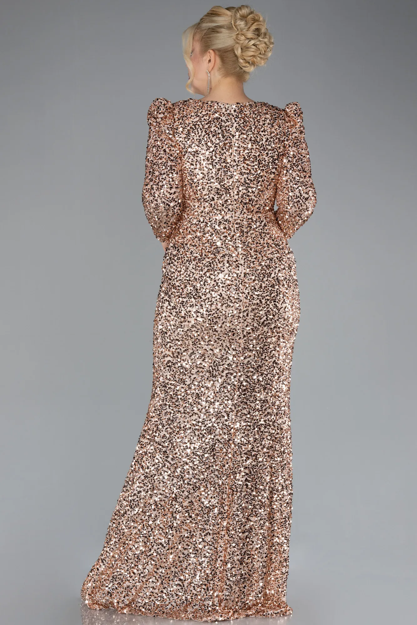 Gold-Long Sleeve Slit Sequined Plus Size Evening Dress ABU4333