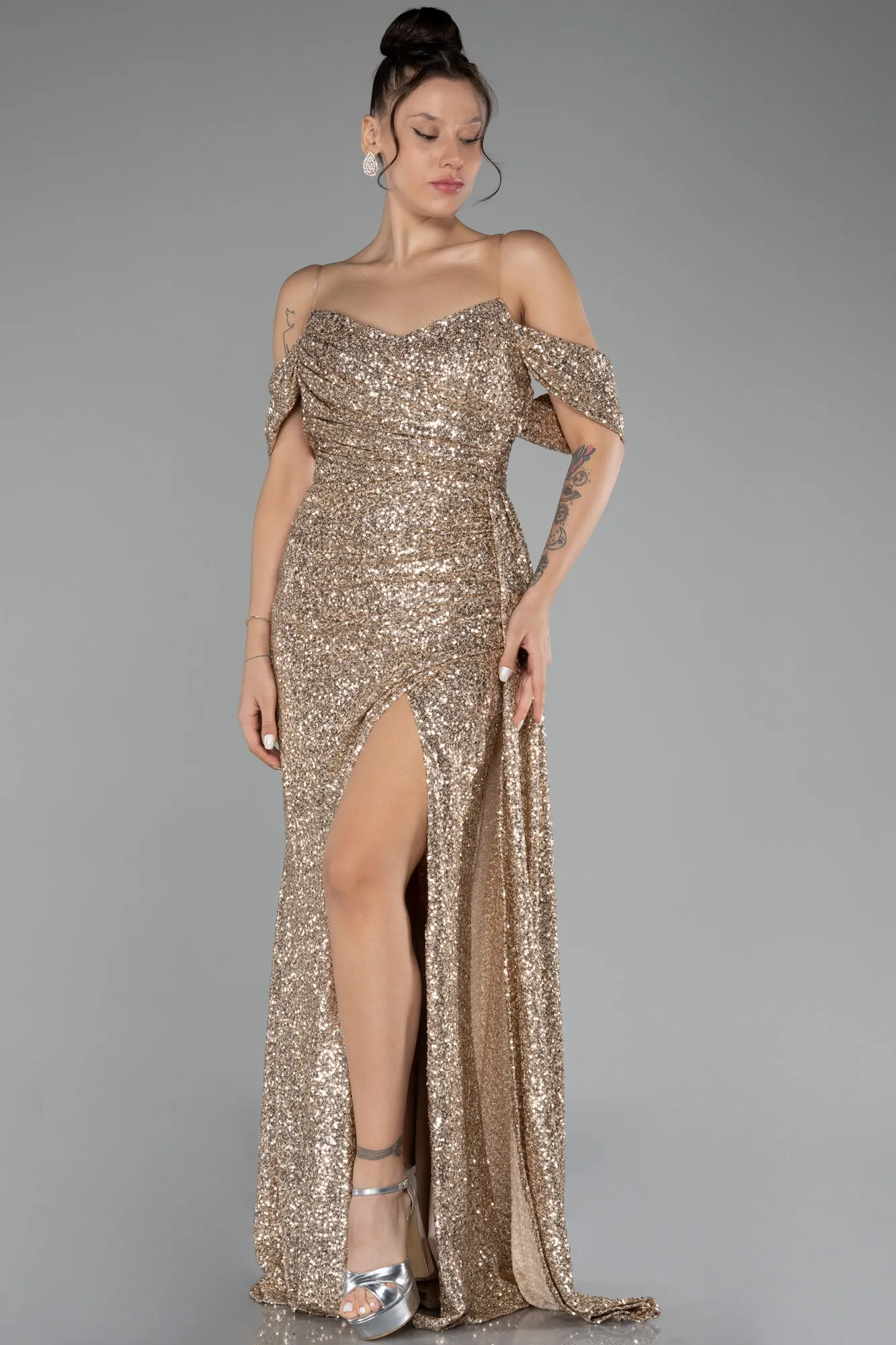 Gold-Off Shoulder Boat Neck Slit Sequined Long Evening Gown ABU4074