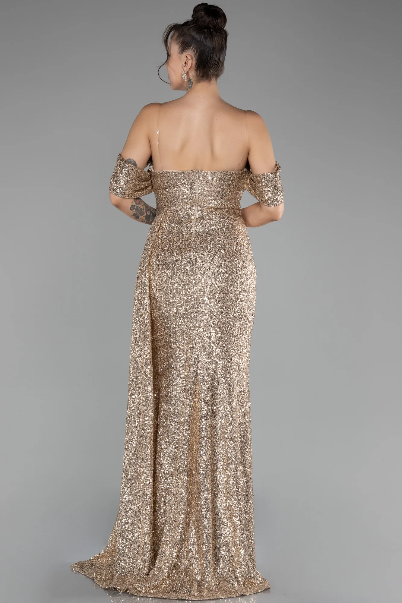 Gold-Off Shoulder Boat Neck Slit Sequined Long Evening Gown ABU4074