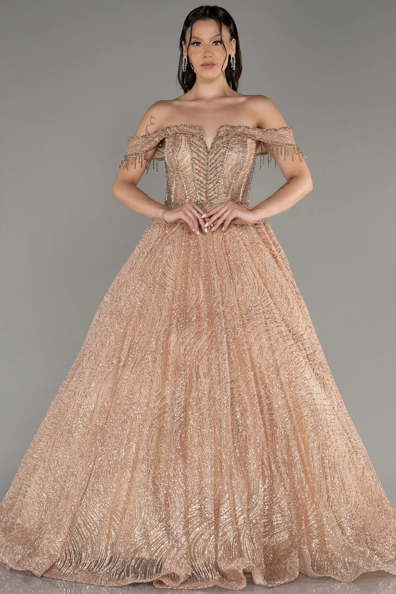 Gold-Off The Shoulder Long Silvery Ball Gown ABU4010